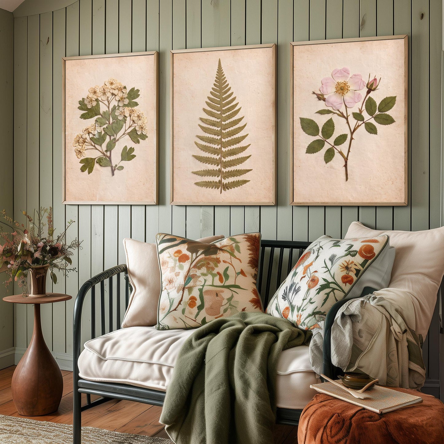 English Hedgerow Set of Three Art Prints - Pressed Hawthorn Fern and Wild Rose - Vintage Botanical Herbarium Posters Photo Cottage