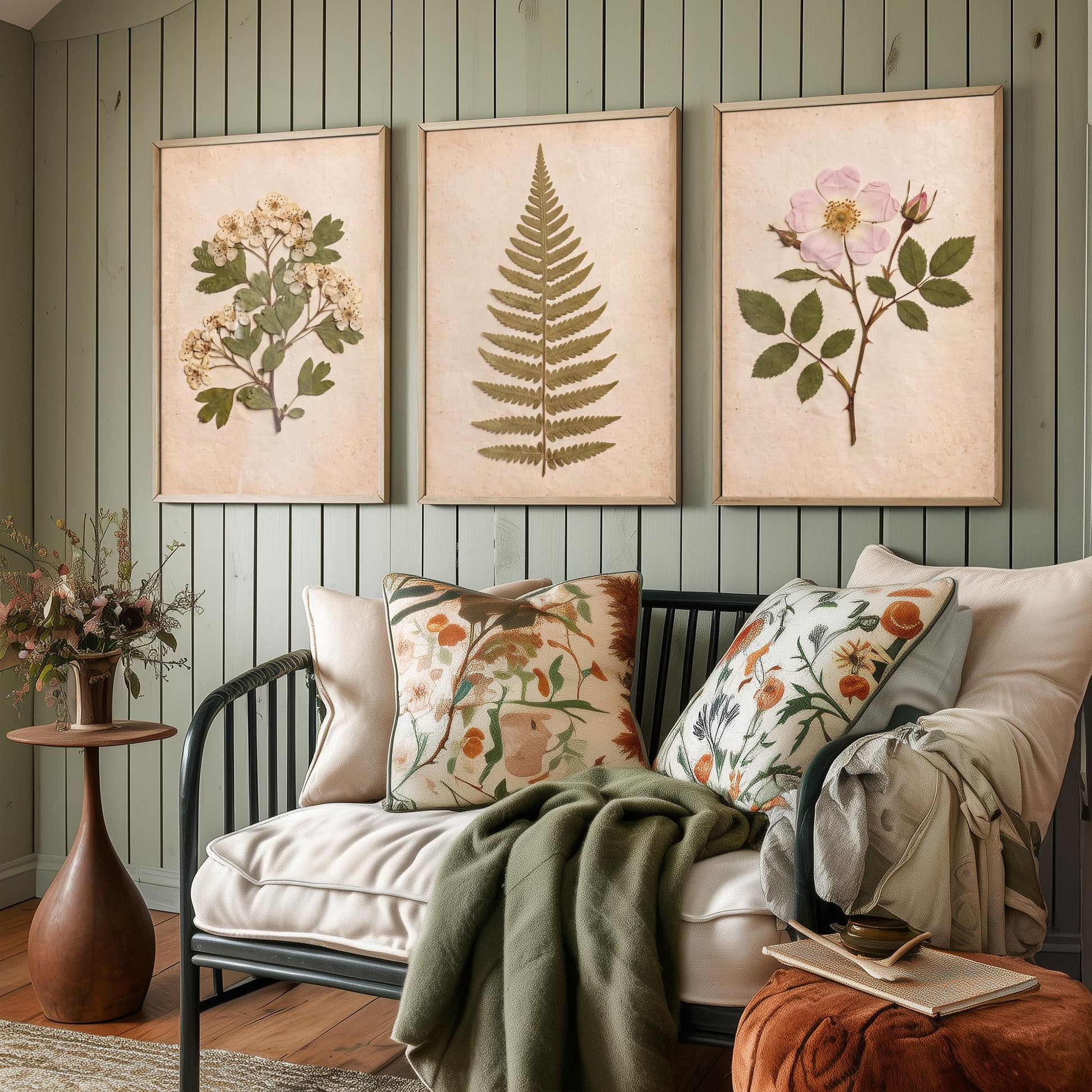 English Hedgerow Set of Three Art Prints - Pressed Hawthorn Fern and Wild Rose - Vintage Botanical Herbarium Posters Photo Cottage