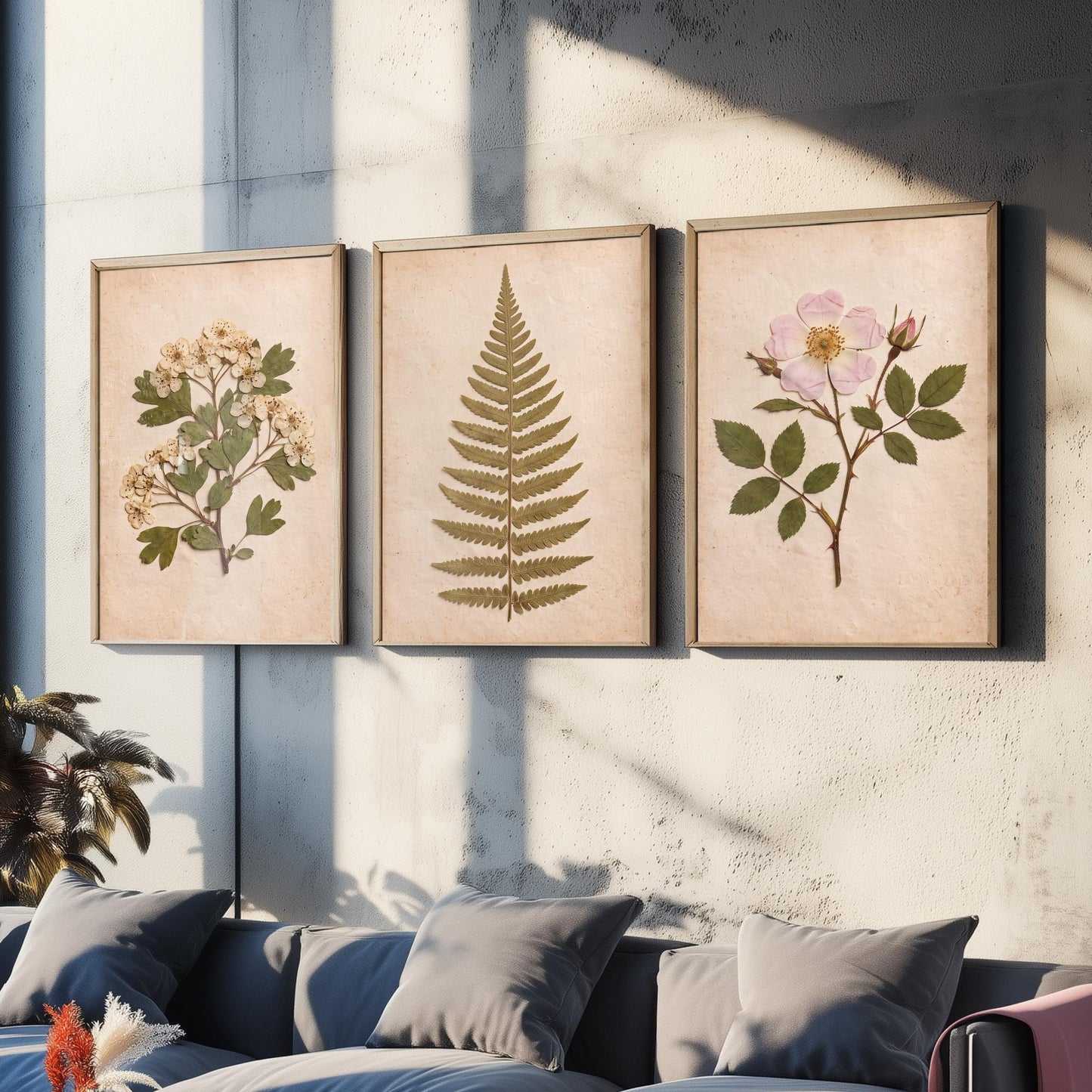 English Hedgerow Set of Three Art Prints - Pressed Hawthorn Fern and Wild Rose - Vintage Botanical Herbarium Posters Photo Cottage