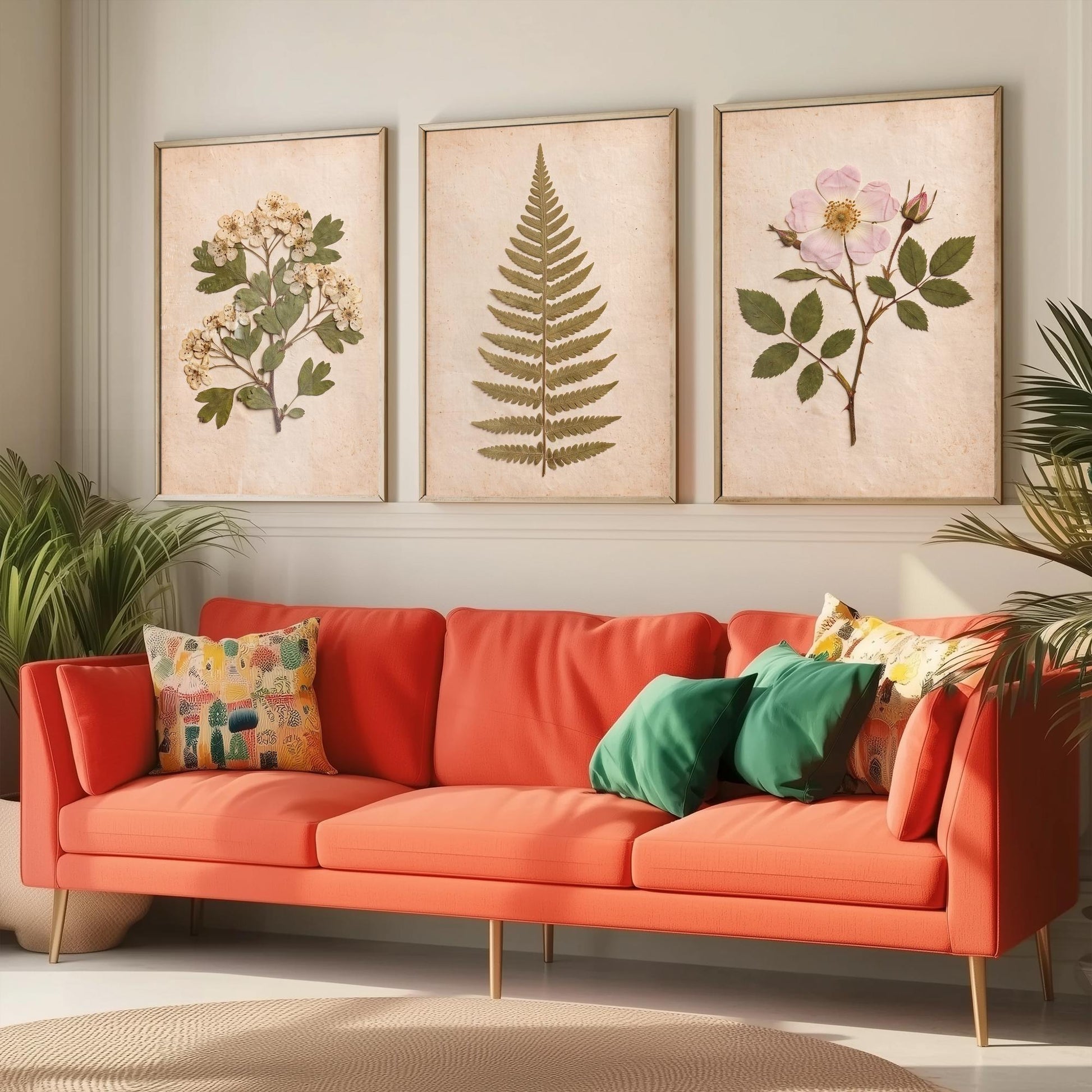 English Hedgerow Set of Three Art Prints - Pressed Hawthorn Fern and Wild Rose - Vintage Botanical Herbarium Posters Photo Cottage