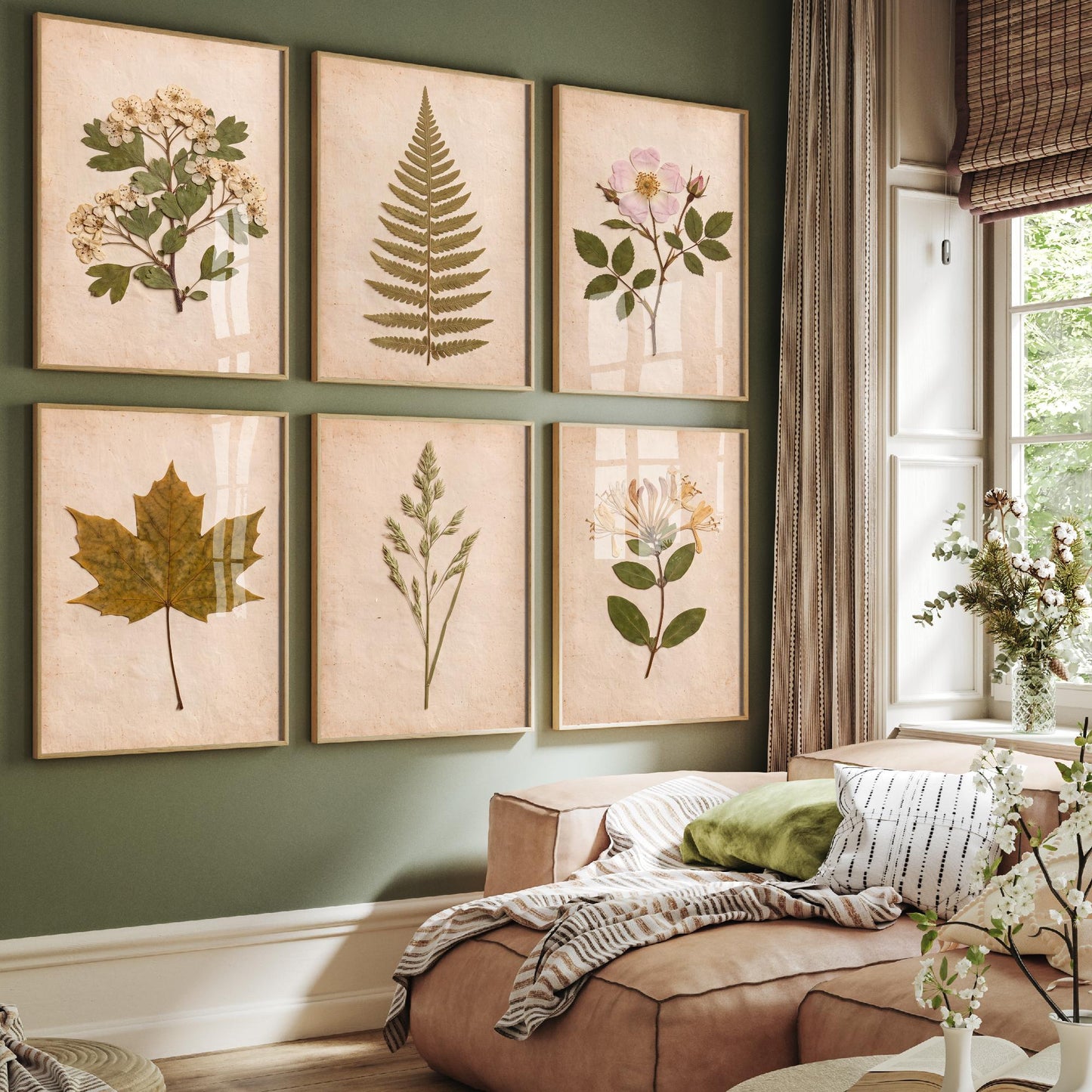 Set of Six English Hedgerow Art Prints - 6 Pressed Photo Posters - Hawthorn Blossom, Dog Rose, Honeysuckle, Fern, Maple Leaf, Wild Grass