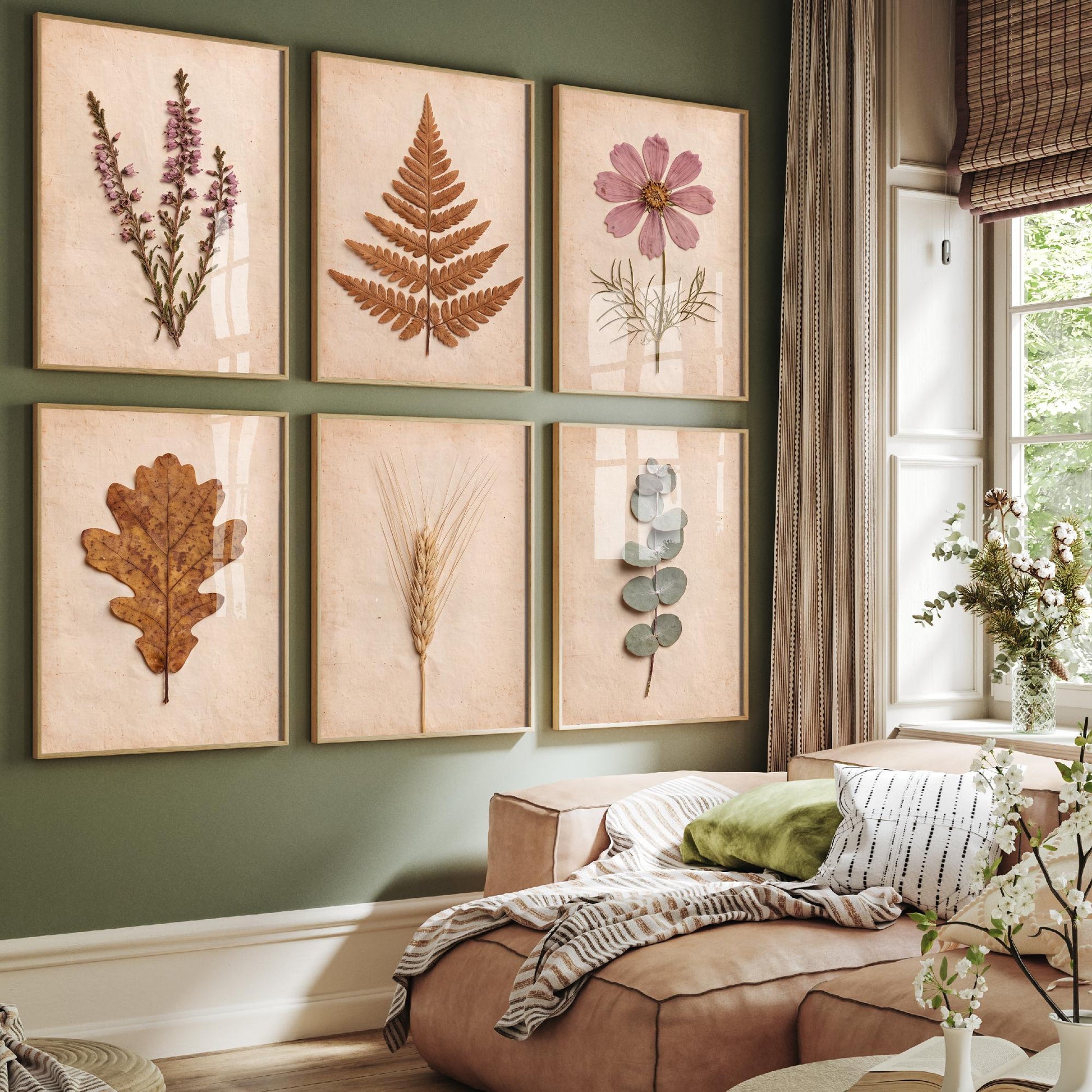 Set of Six Autumn Moorland Art Prints - 6 Pressed Botanical Photo Posters - Heather, Bracken, Cosmos, Oak Leaf, Barley, Eucalyptus