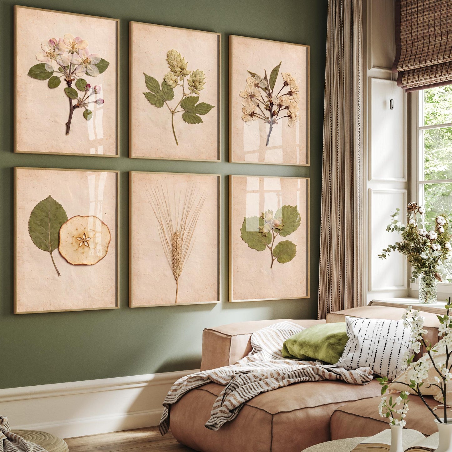 Set of Six Kent Orchard Pressed Flower Art Prints - 6 Herbarium Photo Posters - Apple Blossom, Hops, Cherry, Barley, Cobnut, Apple Slice V1