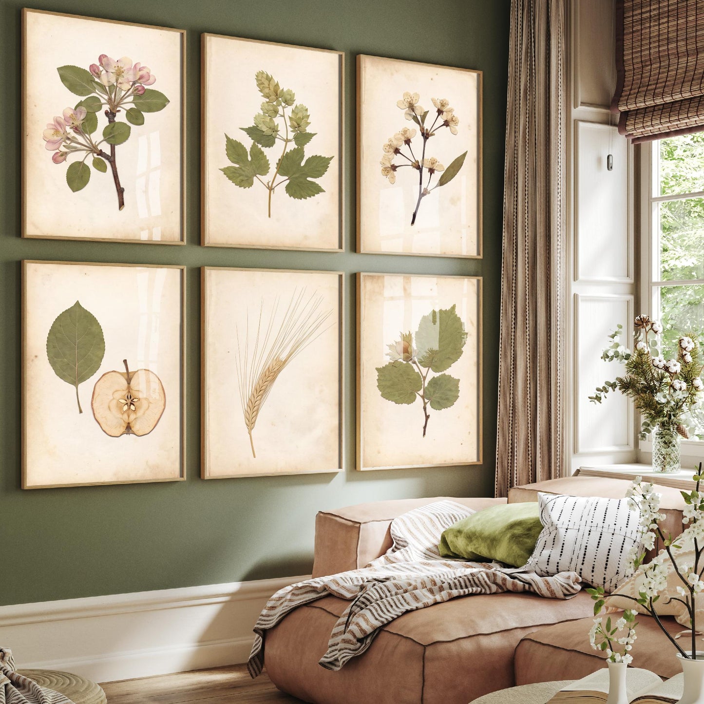 Set of Six Kentish Orchard Botanical Photo Art Prints - 6 Pressed Specimen Posters - Apple Blossom, Hop Bine, Cherry, Barley, Hazelnut V2