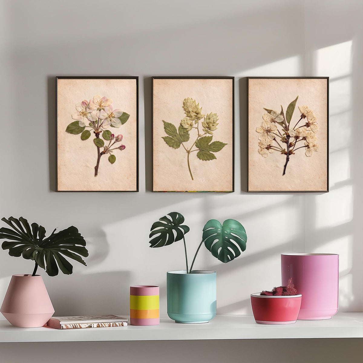 Kent Orchard Set of Three Art Prints - Pressed Apple Blossom Hops Cherry Blossom - Vintage Herbarium Botanical Posters Photo V1