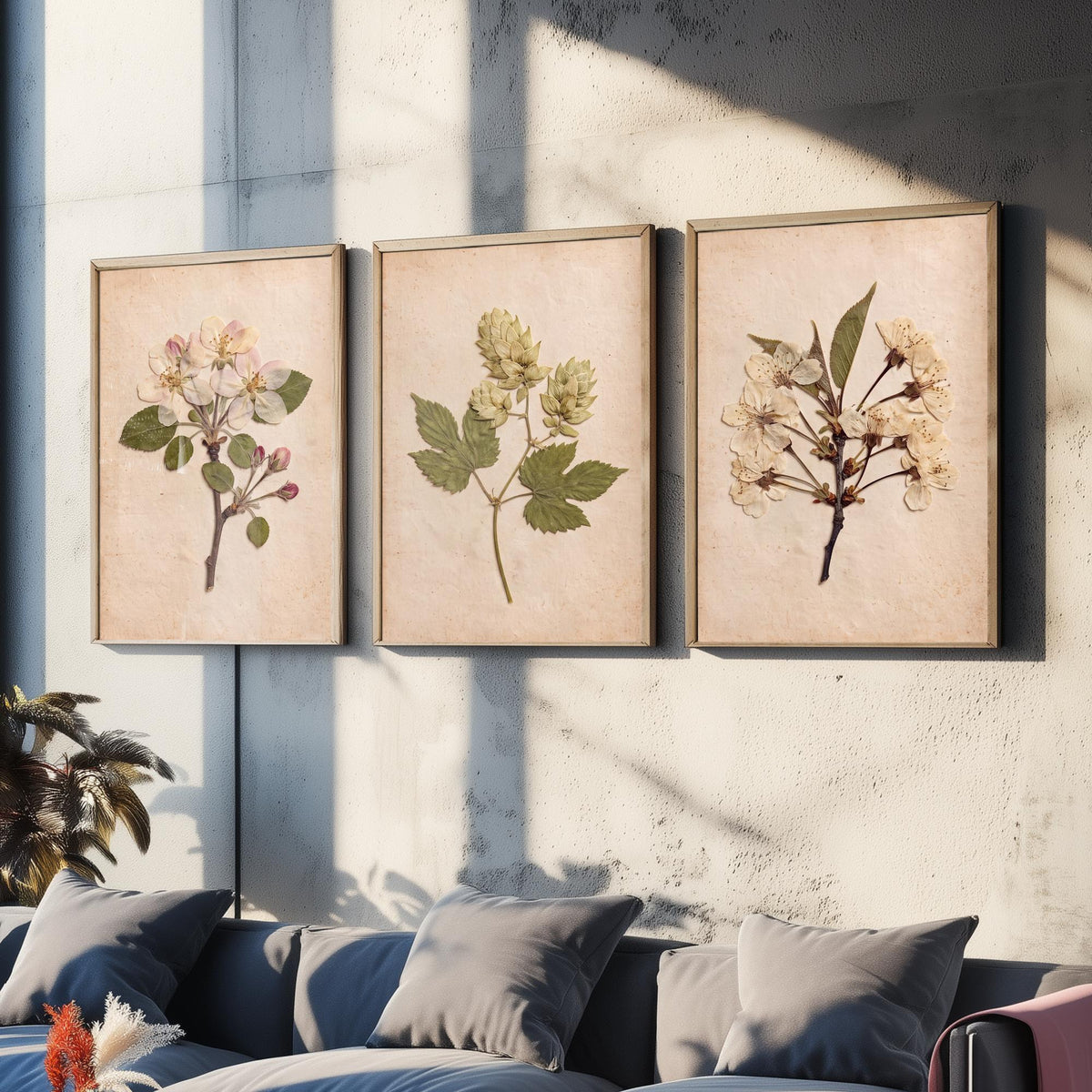 Kent Orchard Set of Three Art Prints - Pressed Apple Blossom Hops Cherry Blossom - Vintage Herbarium Botanical Posters Photo V1