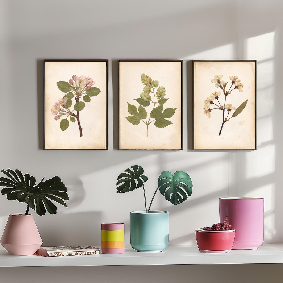Garden of England Kent Set of Three Art Prints - Apple and Cherry Blossom Hop Vine Sprigs - Orchard Botanical Posters Photo V2