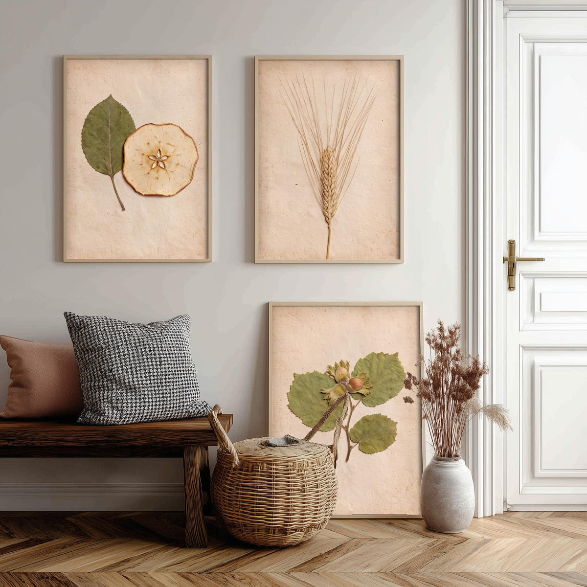 Kent Orchard Set of Three Art Prints - Pressed Apple Leaf and Slice, Barley, Cobnut - Vintage Kentish Harvest Herbarium Photo Posters V1