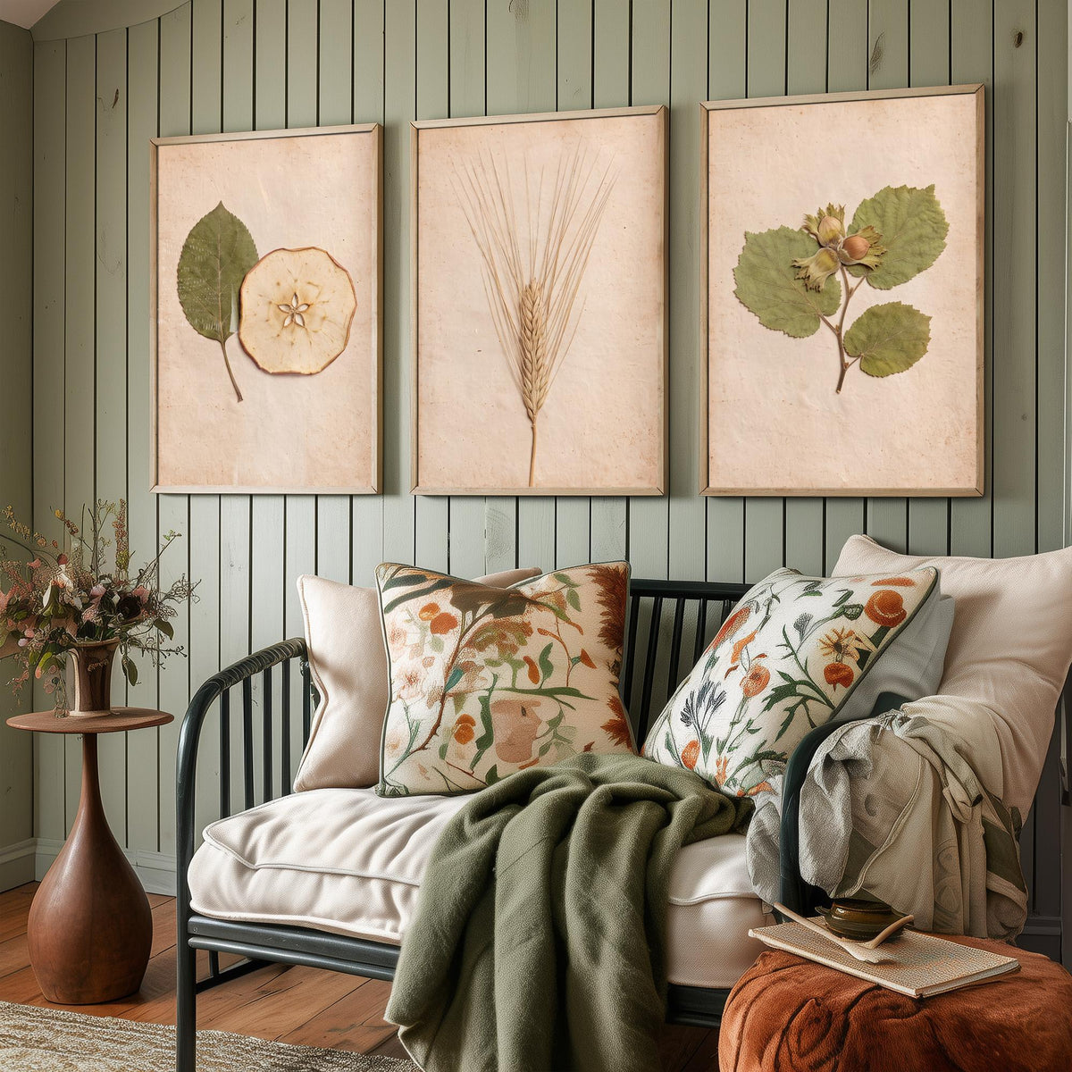 Kent Orchard Set of Three Art Prints - Pressed Apple Leaf and Slice, Barley, Cobnut - Vintage Kentish Harvest Herbarium Photo Posters V1