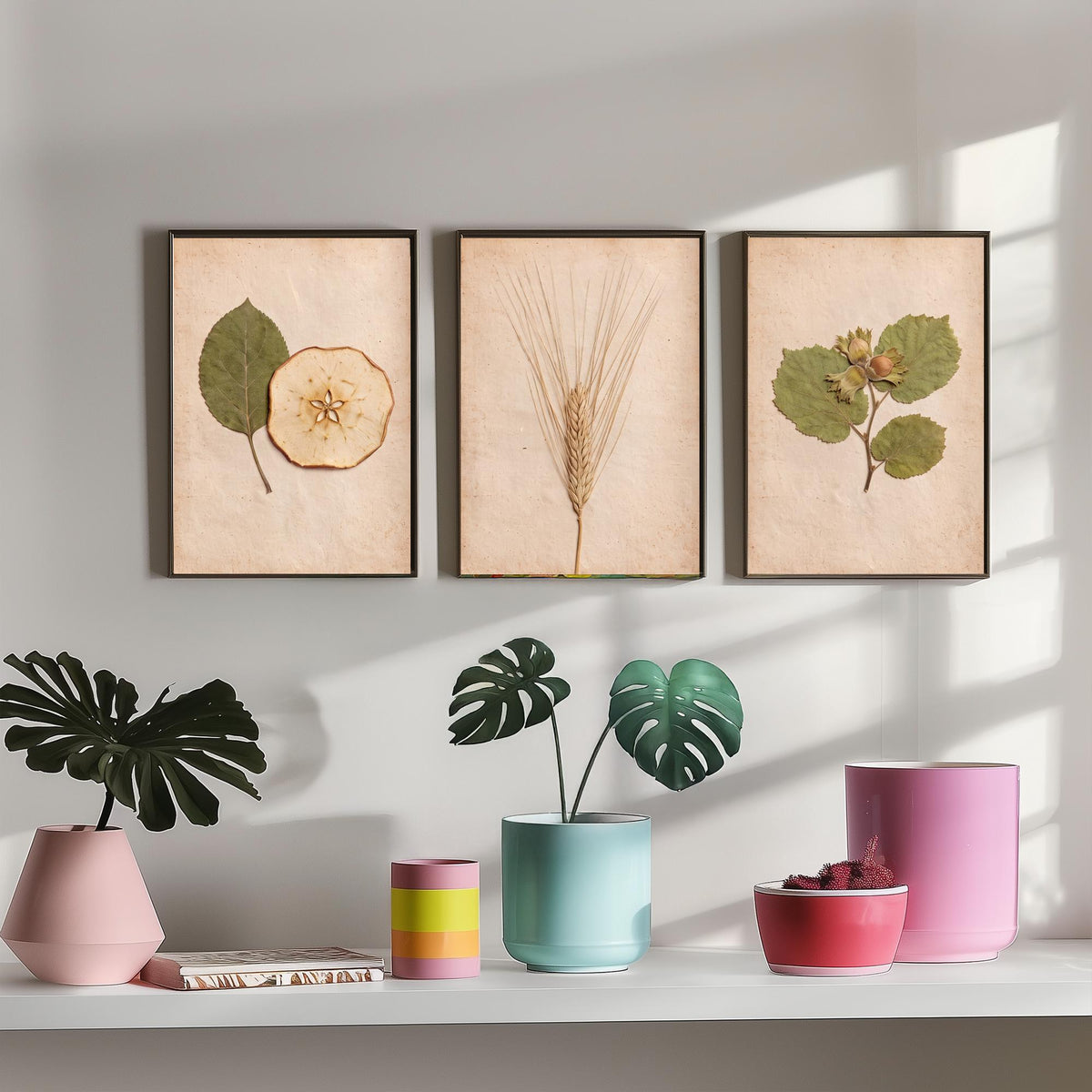 Kent Orchard Set of Three Art Prints - Pressed Apple Leaf and Slice, Barley, Cobnut - Vintage Kentish Harvest Herbarium Photo Posters V1