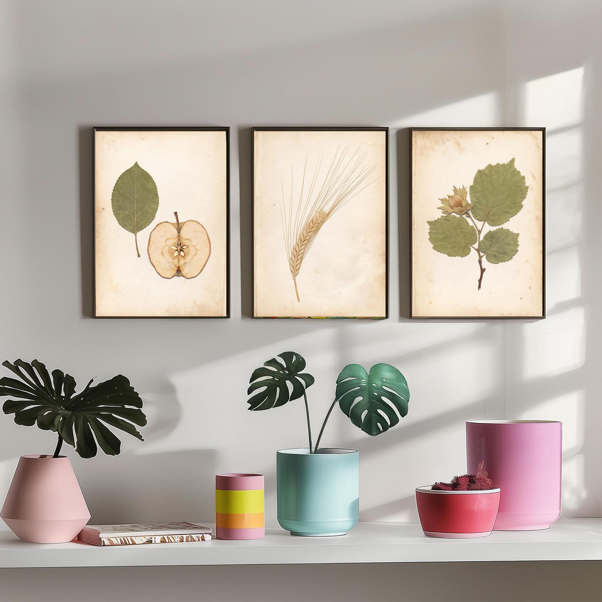 Set of Three Kent Orchard Art Prints - Dried Apple Half, Barley Ear, Cobnut Sprig - Pressed Botanical Photo Posters Kentish Fruit V2