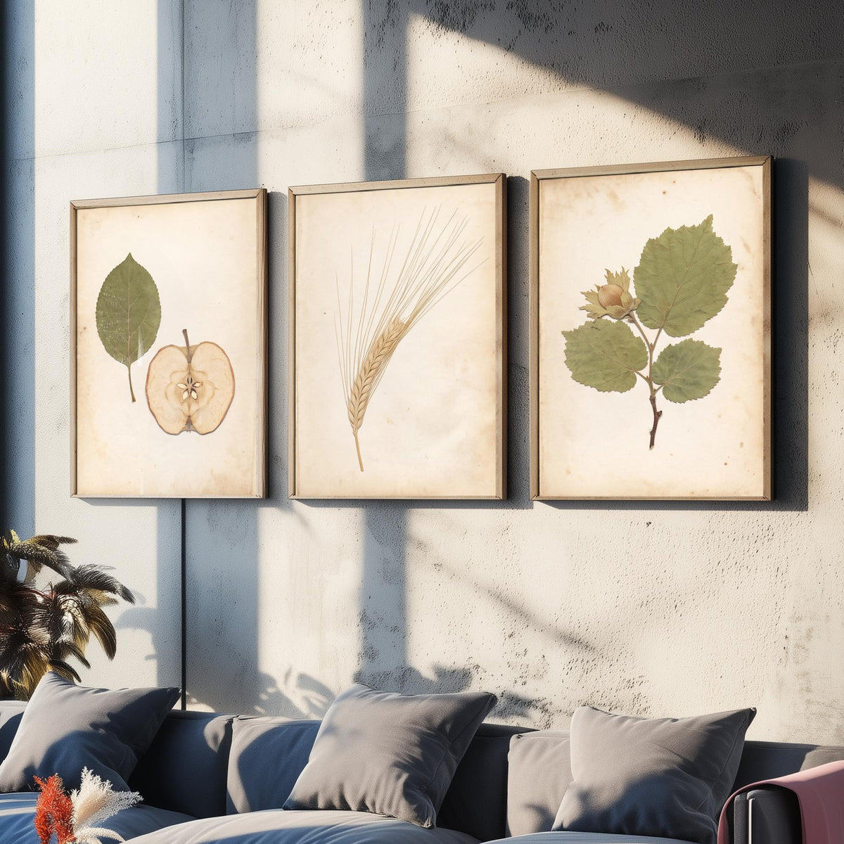 Set of Three Kent Orchard Art Prints - Dried Apple Half, Barley Ear, Cobnut Sprig - Pressed Botanical Photo Posters Kentish Fruit V2