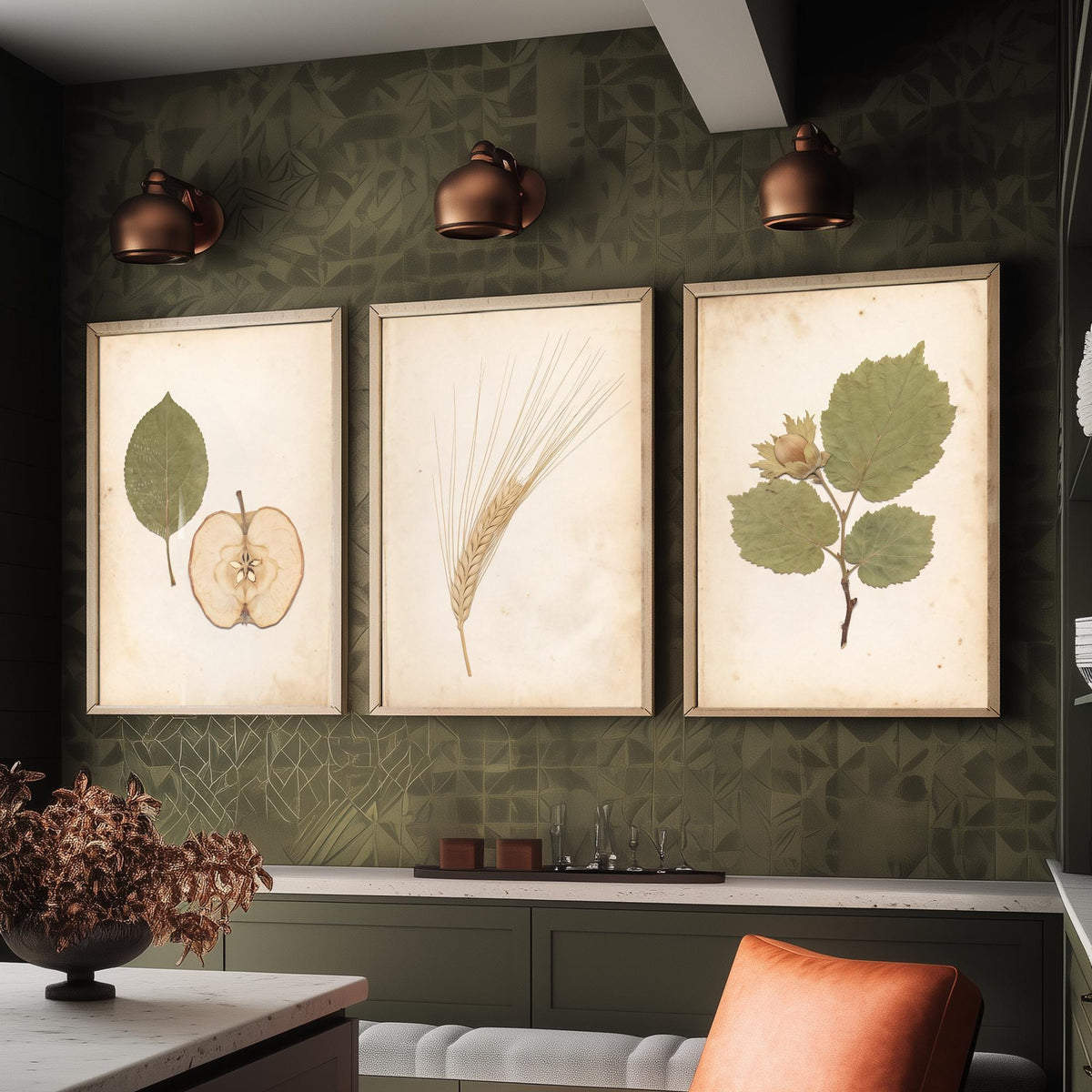 Set of Three Kent Orchard Art Prints - Dried Apple Half, Barley Ear, Cobnut Sprig - Pressed Botanical Photo Posters Kentish Fruit V2