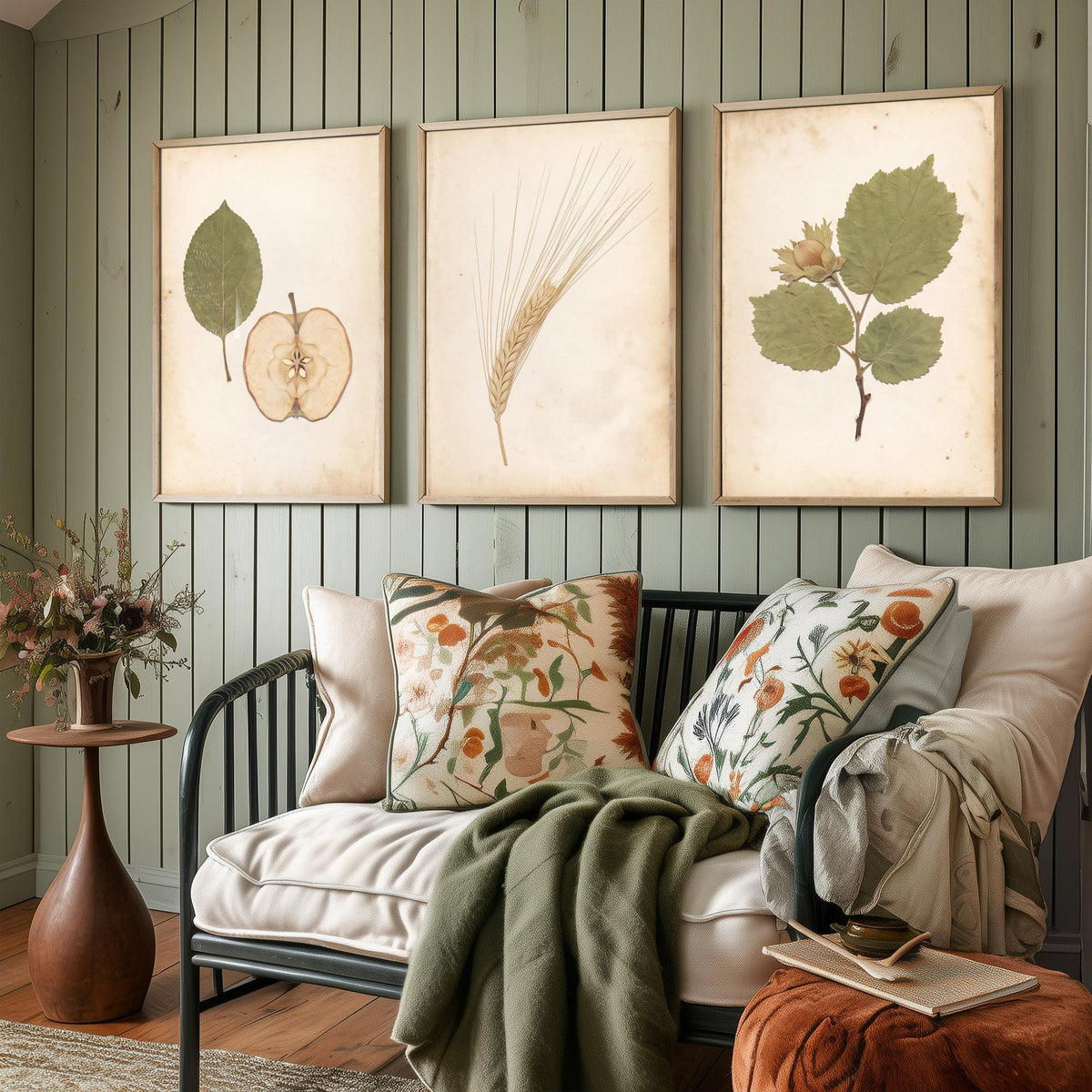 Set of Three Kent Orchard Art Prints - Dried Apple Half, Barley Ear, Cobnut Sprig - Pressed Botanical Photo Posters Kentish Fruit V2