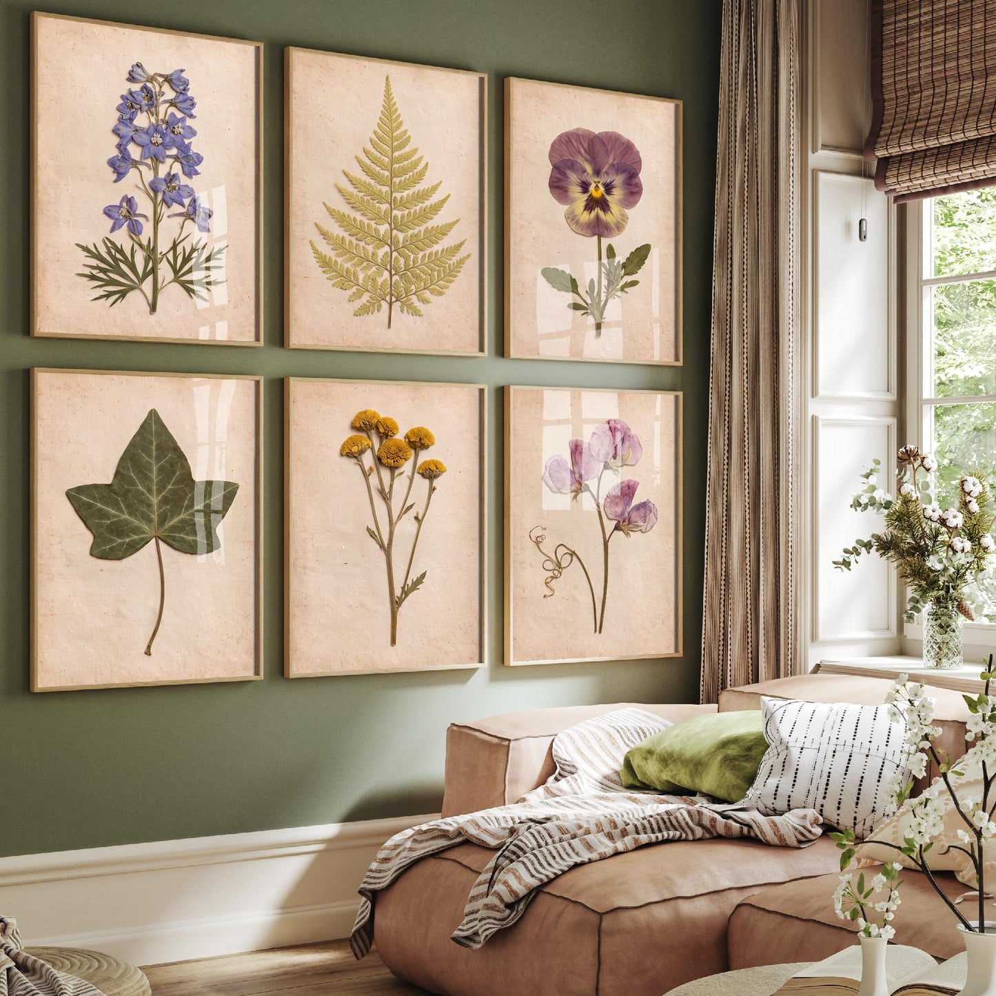 Set of Six Cottage Garden Pressed Flower Art Prints - 6 Botanical Photo Posters - Larkspur, Pansy, Sweet Pea, Tansy, Ivy, Fern Herbarium