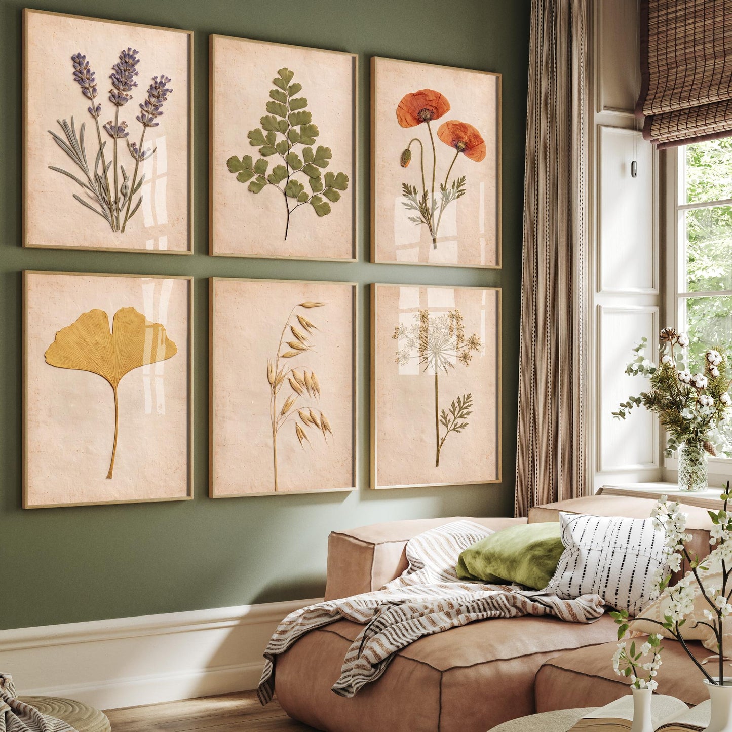 Set of Six Pressed Flower Herbarium Photo Art Prints - 6 Posters - Lavender, Poppy, Maidenhair Fern, Ginkgo, Oats, Queen Annes Lace V1