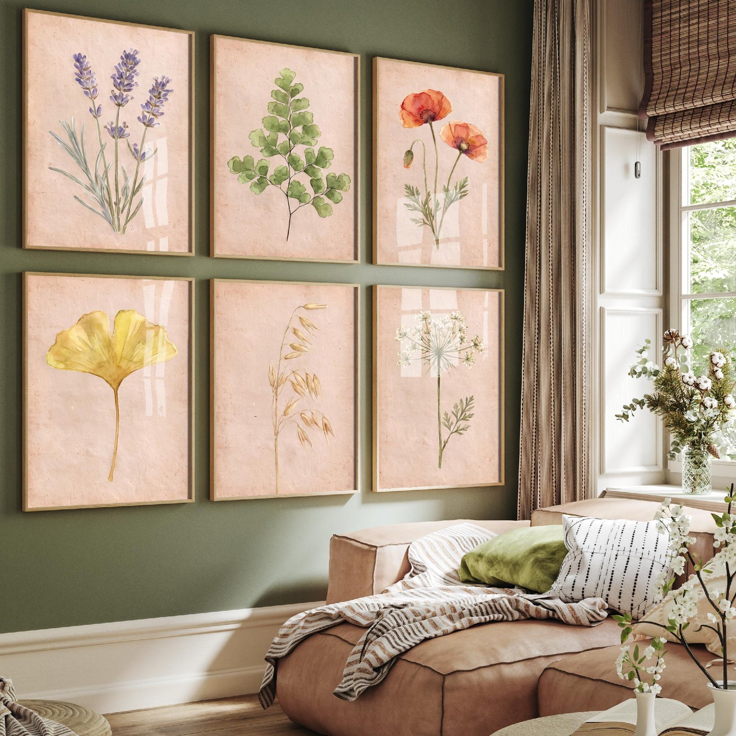 Set of Six Watercolour Botanical Art Prints - 6 Painted Posters - Lavender, Poppies, Maidenhair Fern, Ginkgo Leaf, Wild Oats, Wild Carrot V2