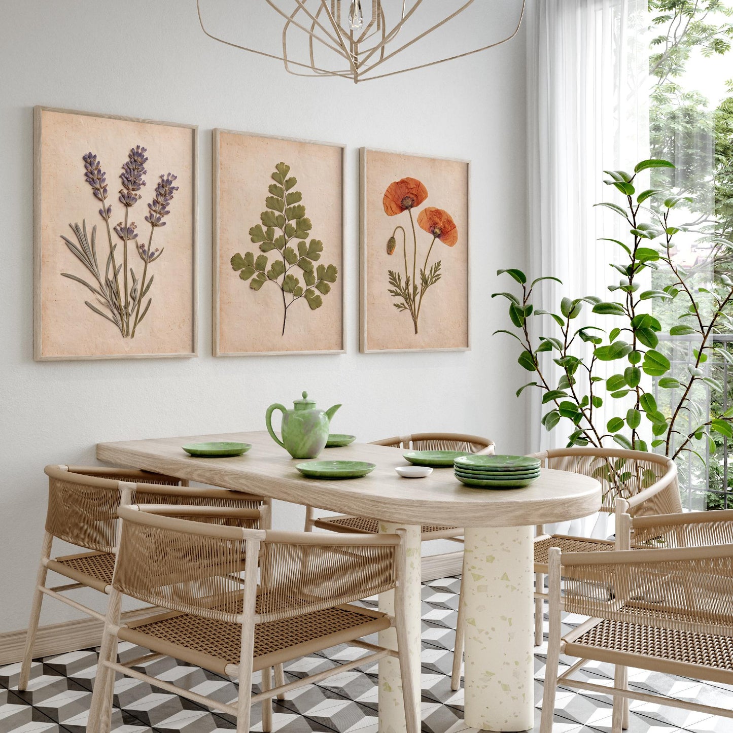 Set of Three Pressed Flower Art Prints - Lavender Maidenhair Fern and Poppy - Vintage Herbarium Photo Posters - French Country Botanical