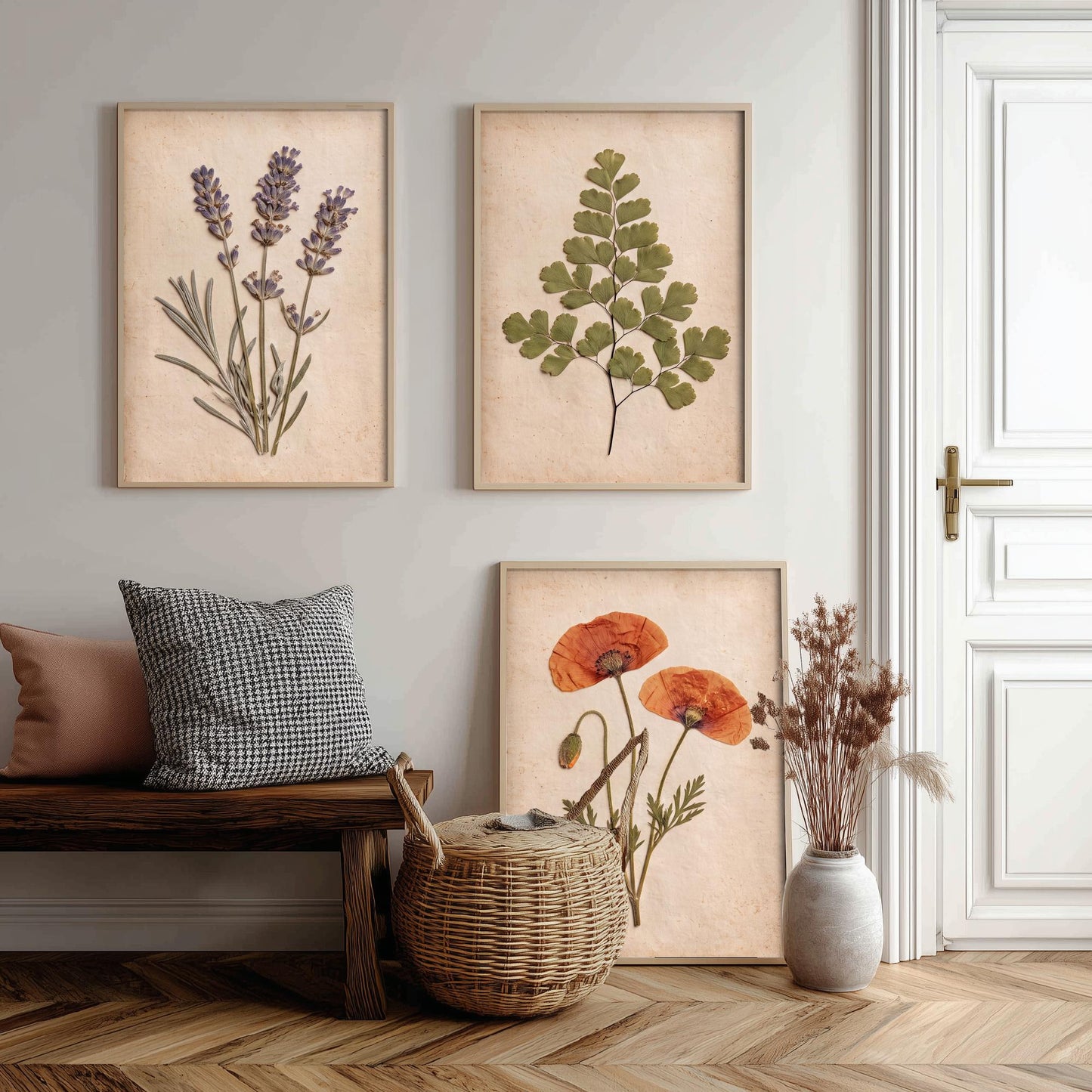 Set of Three Pressed Flower Art Prints - Lavender Maidenhair Fern and Poppy - Vintage Herbarium Photo Posters - French Country Botanical