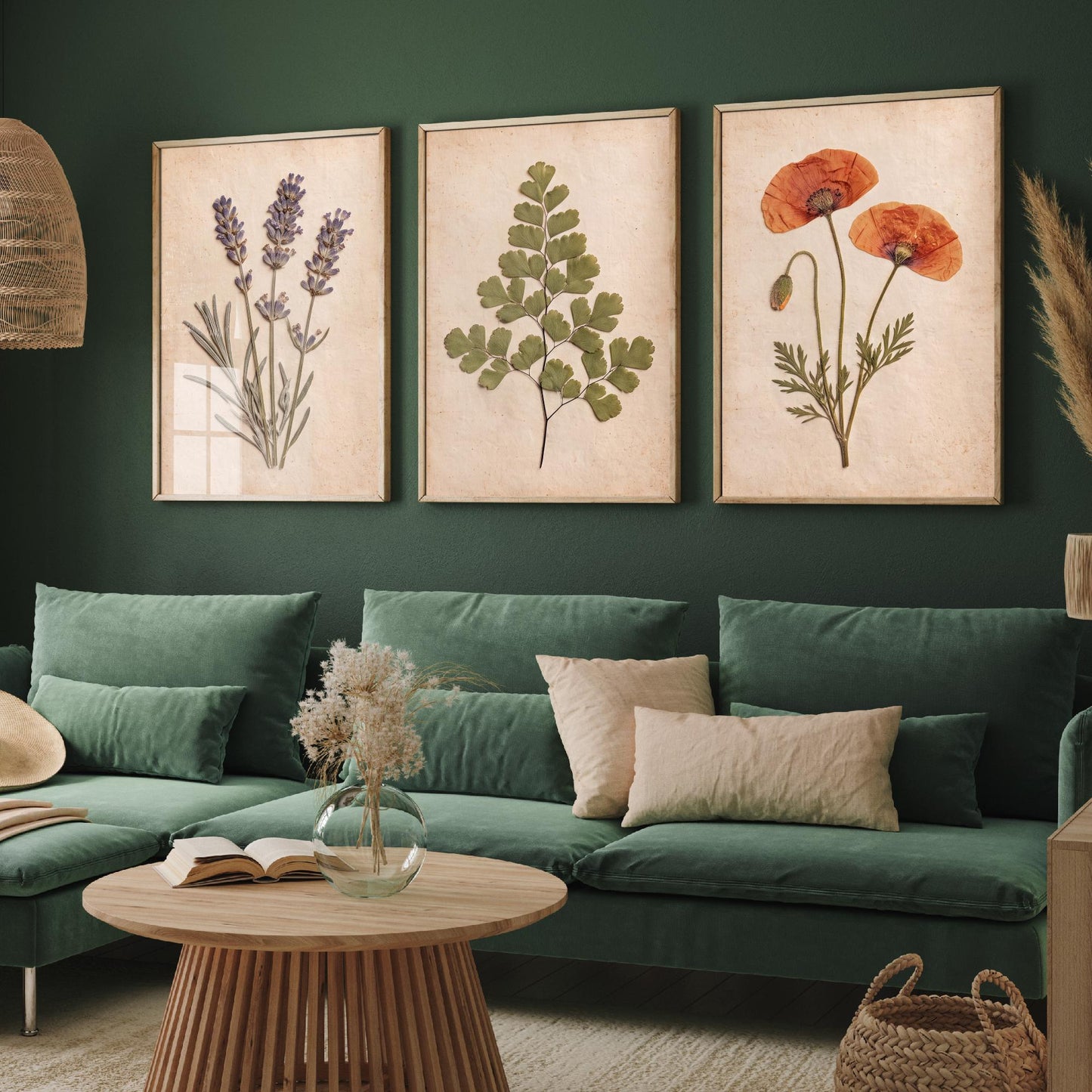 Set of Three Pressed Flower Art Prints - Lavender Maidenhair Fern and Poppy - Vintage Herbarium Photo Posters - French Country Botanical
