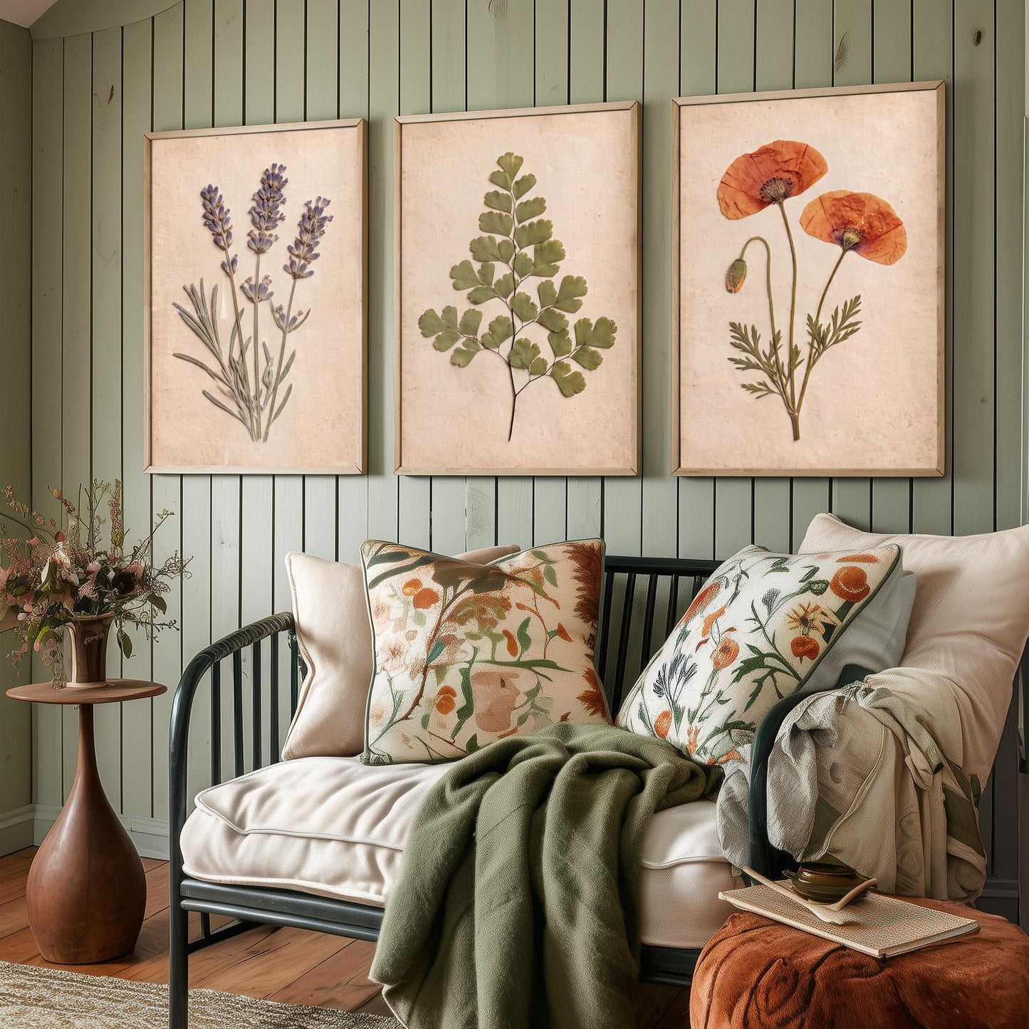 Set of Three Pressed Flower Art Prints - Lavender Maidenhair Fern and Poppy - Vintage Herbarium Photo Posters - French Country Botanical
