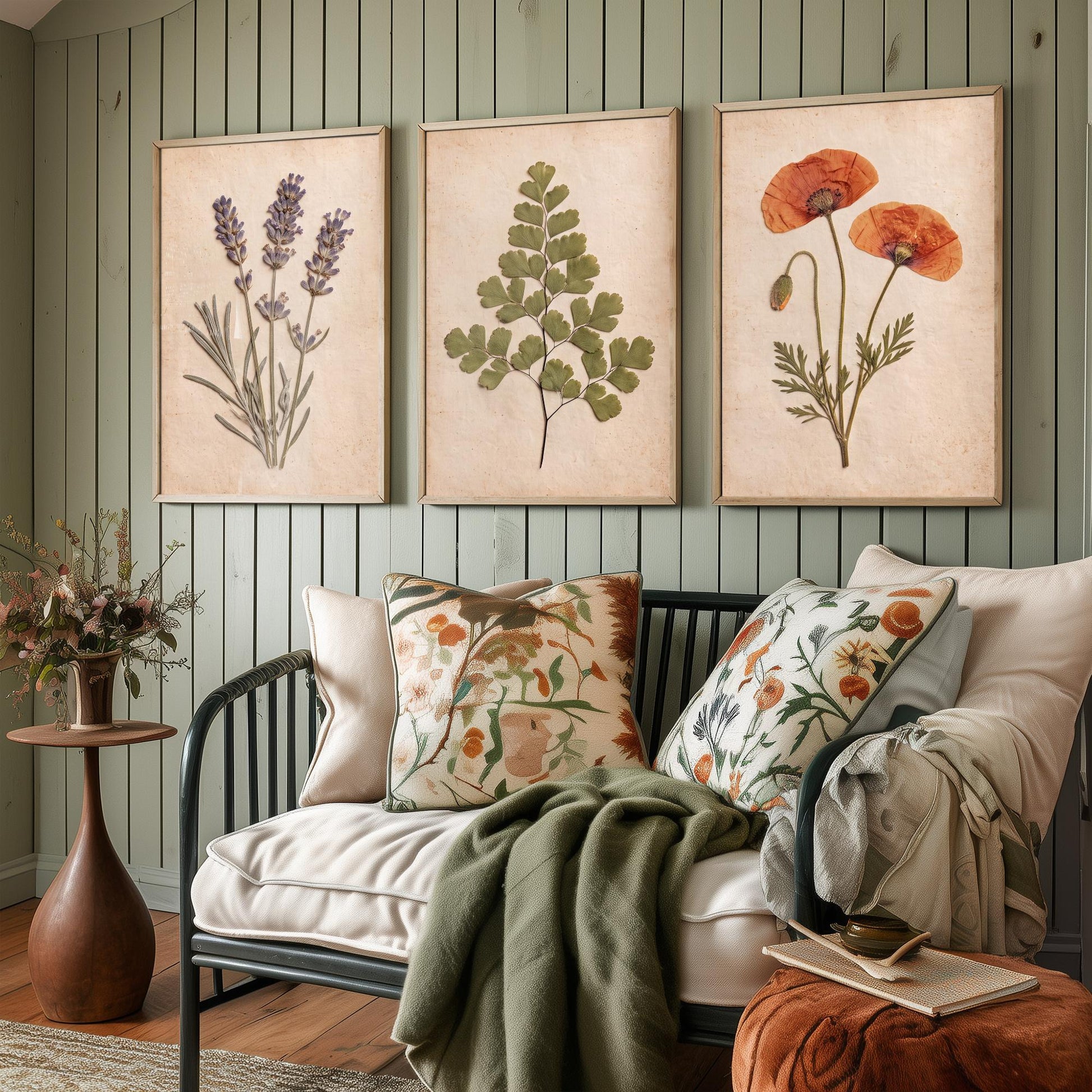 Set of Three Pressed Flower Art Prints - Lavender Maidenhair Fern and Poppy - Vintage Herbarium Photo Posters - French Country Botanical