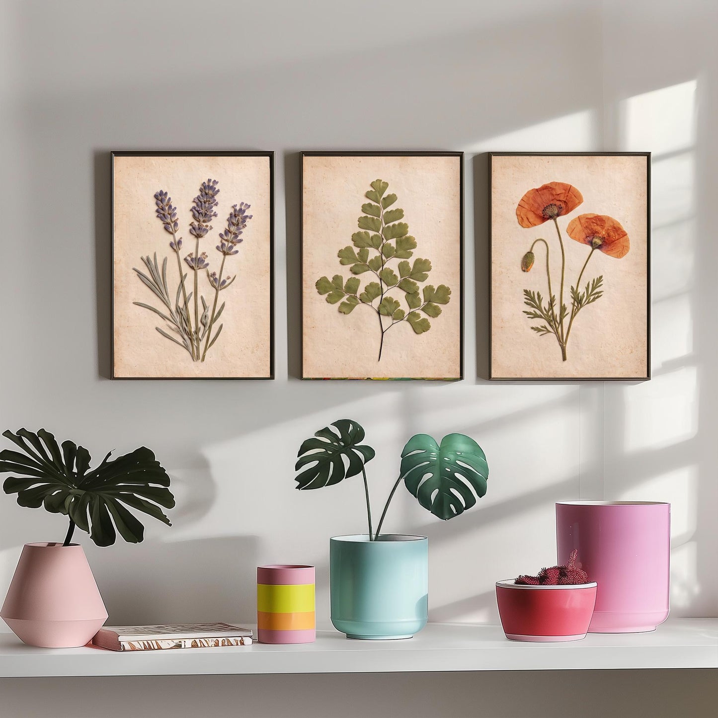 Set of Three Pressed Flower Art Prints - Lavender Maidenhair Fern and Poppy - Vintage Herbarium Photo Posters - French Country Botanical