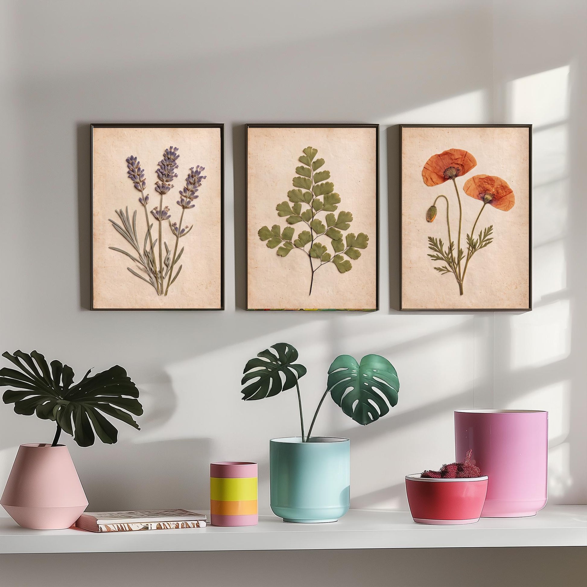 Set of Three Pressed Flower Art Prints - Lavender Maidenhair Fern and Poppy - Vintage Herbarium Photo Posters - French Country Botanical