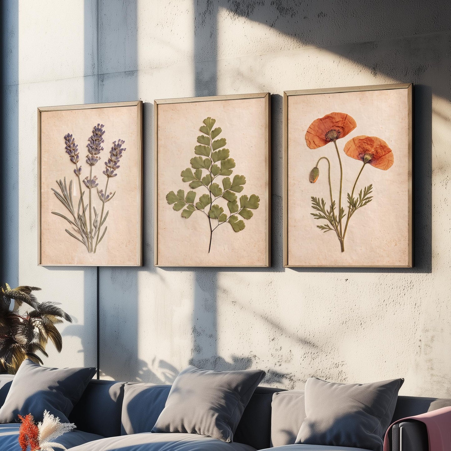 Set of Three Pressed Flower Art Prints - Lavender Maidenhair Fern and Poppy - Vintage Herbarium Photo Posters - French Country Botanical