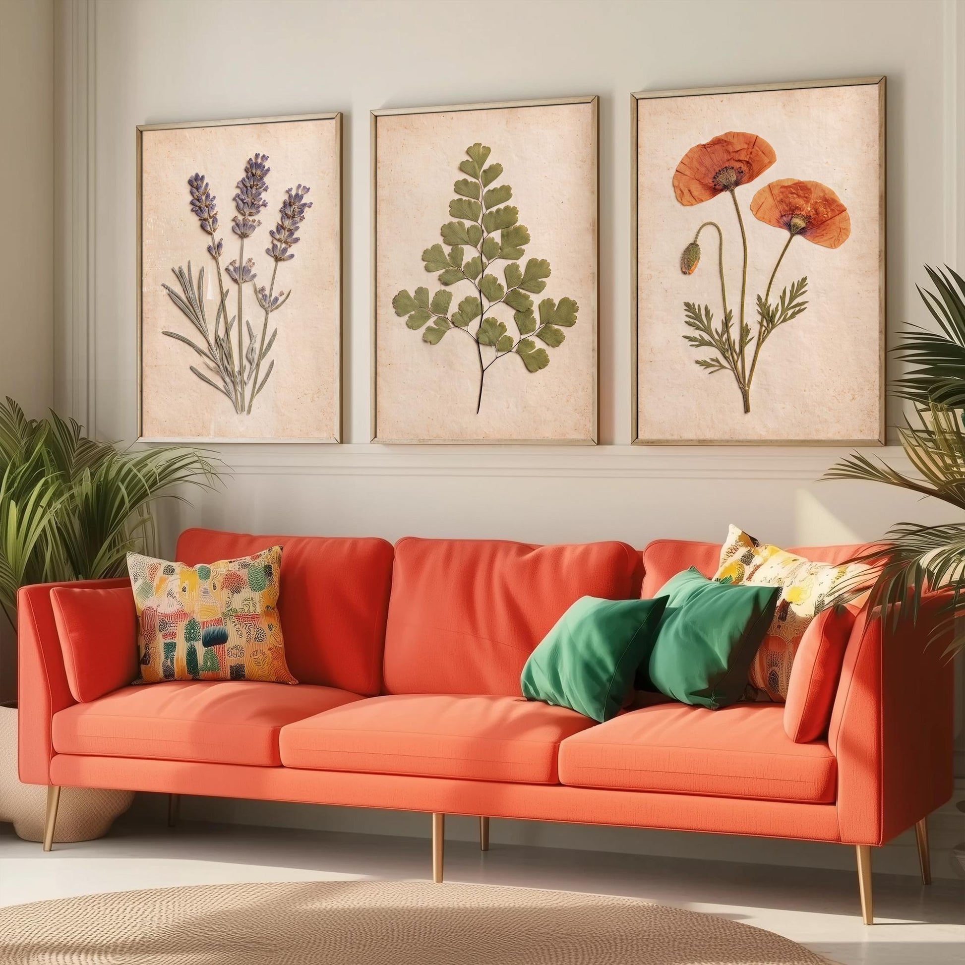 Set of Three Pressed Flower Art Prints - Lavender Maidenhair Fern and Poppy - Vintage Herbarium Photo Posters - French Country Botanical