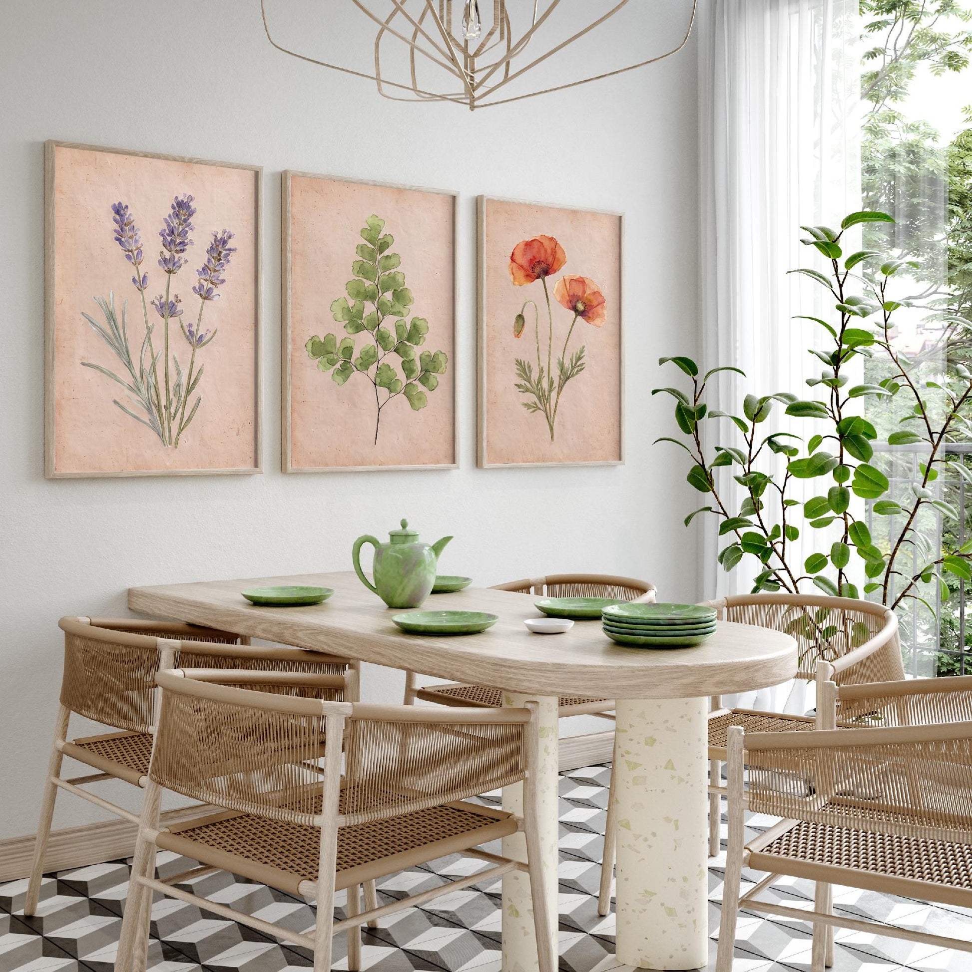 Lavender Maidenhair Fern and Poppy Watercolour Set of Three Art Prints - Soft Botanical Posters - Vintage Pressed Flower Style Painting