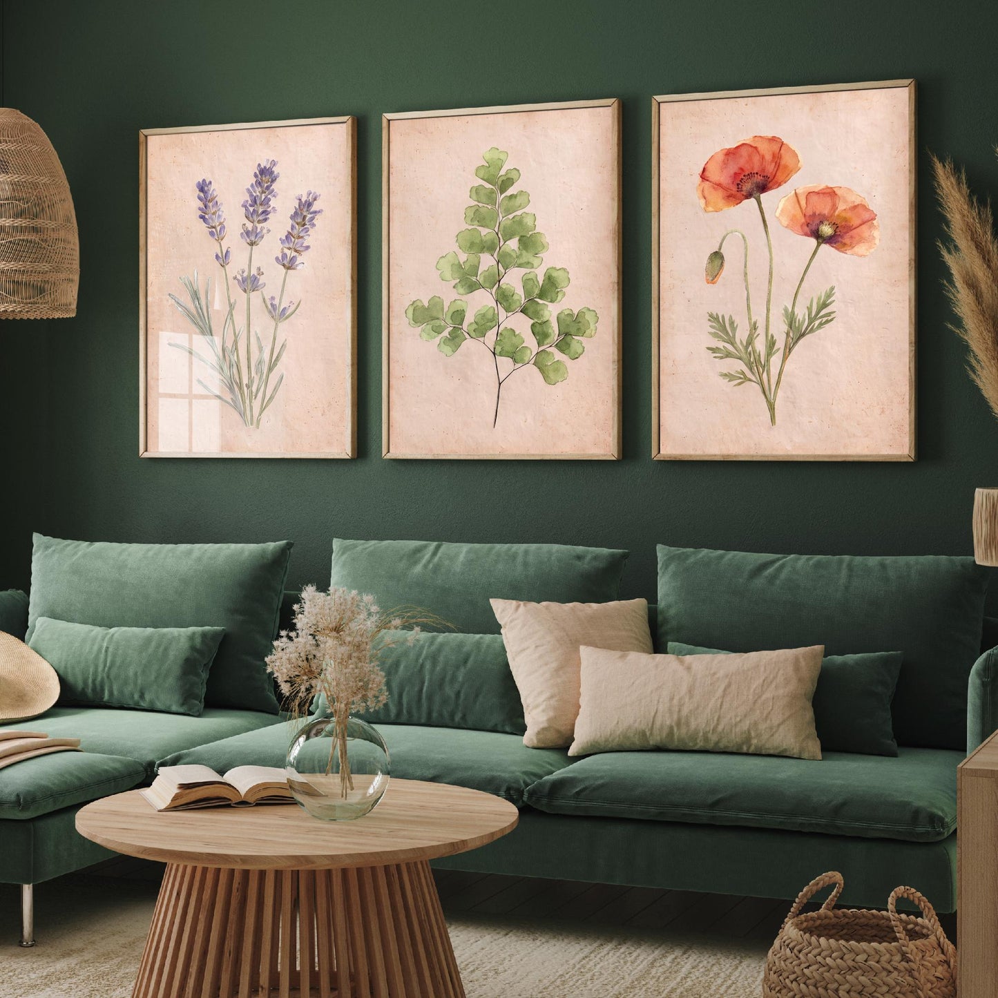 Lavender Maidenhair Fern and Poppy Watercolour Set of Three Art Prints - Soft Botanical Posters - Vintage Pressed Flower Style Painting