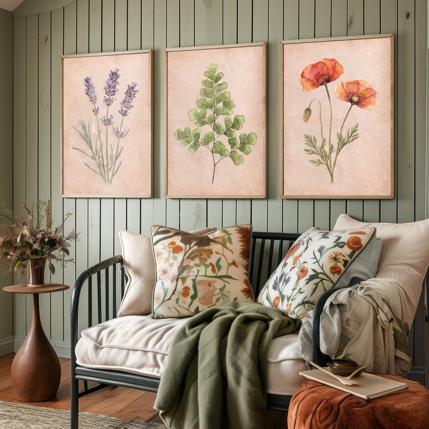 Lavender Maidenhair Fern and Poppy Watercolour Set of Three Art Prints - Soft Botanical Posters - Vintage Pressed Flower Style Painting