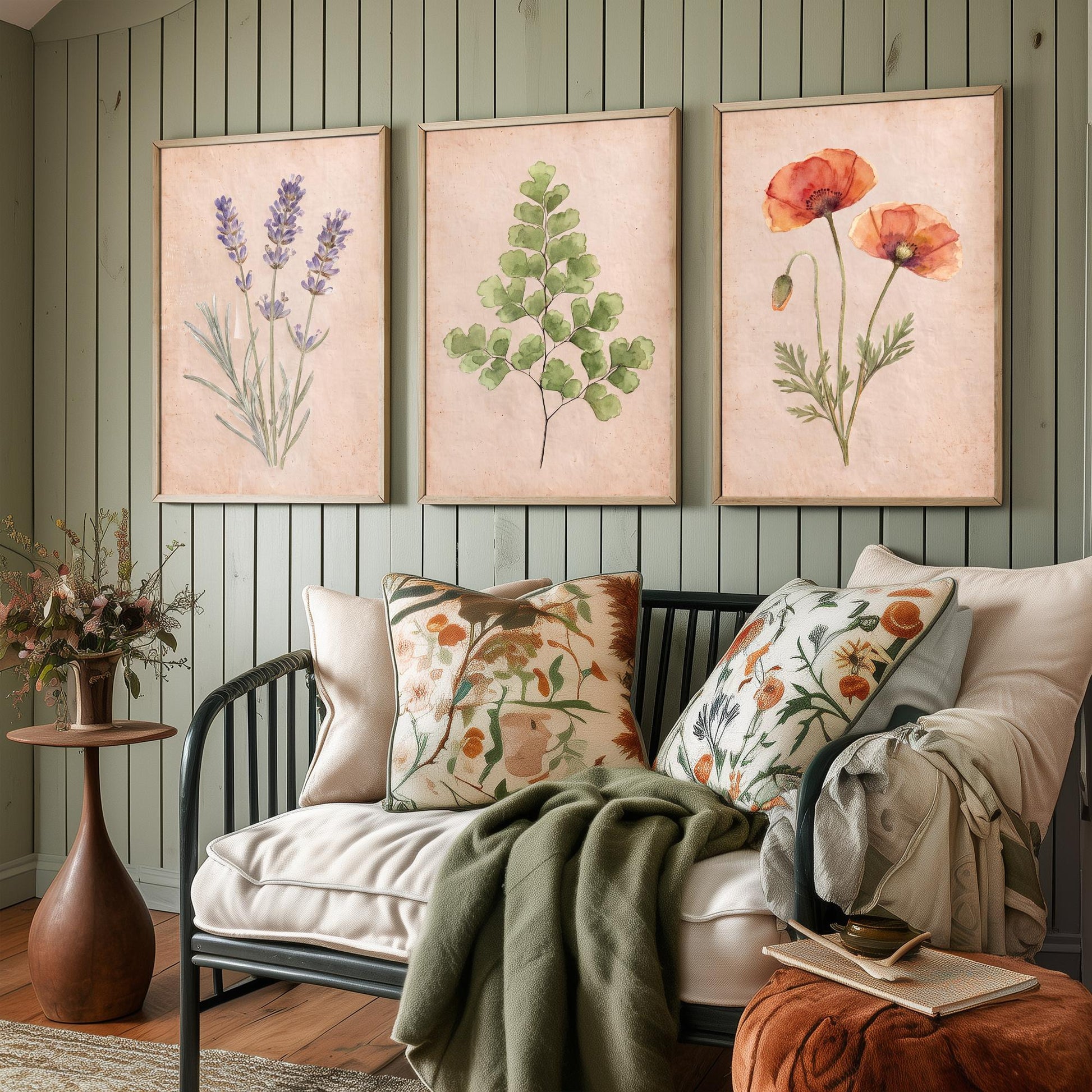 Lavender Maidenhair Fern and Poppy Watercolour Set of Three Art Prints - Soft Botanical Posters - Vintage Pressed Flower Style Painting