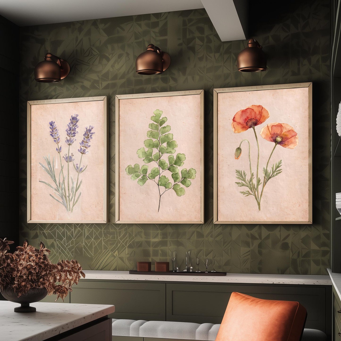 Lavender Maidenhair Fern and Poppy Watercolour Set of Three Art Prints - Soft Botanical Posters - Vintage Pressed Flower Style Painting