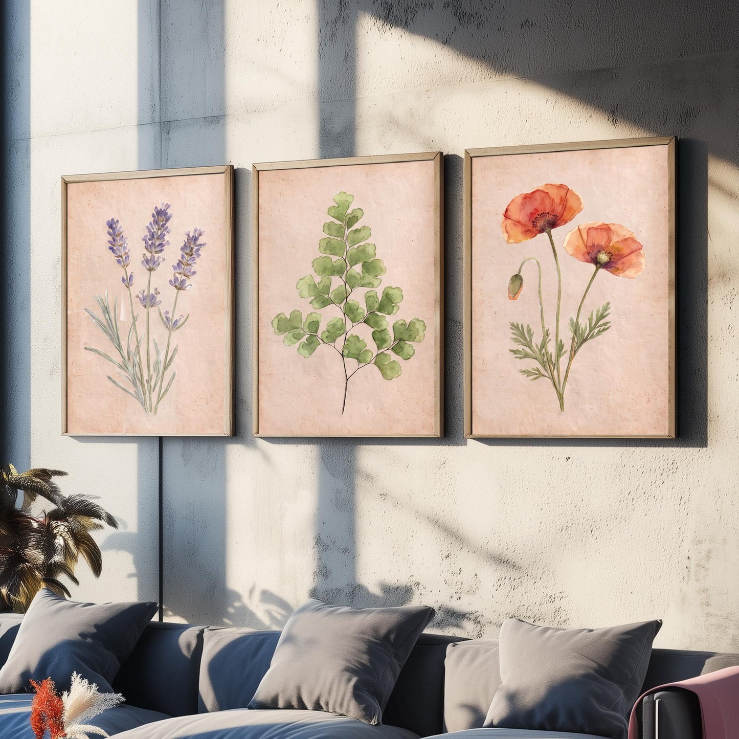 Lavender Maidenhair Fern and Poppy Watercolour Set of Three Art Prints - Soft Botanical Posters - Vintage Pressed Flower Style Painting
