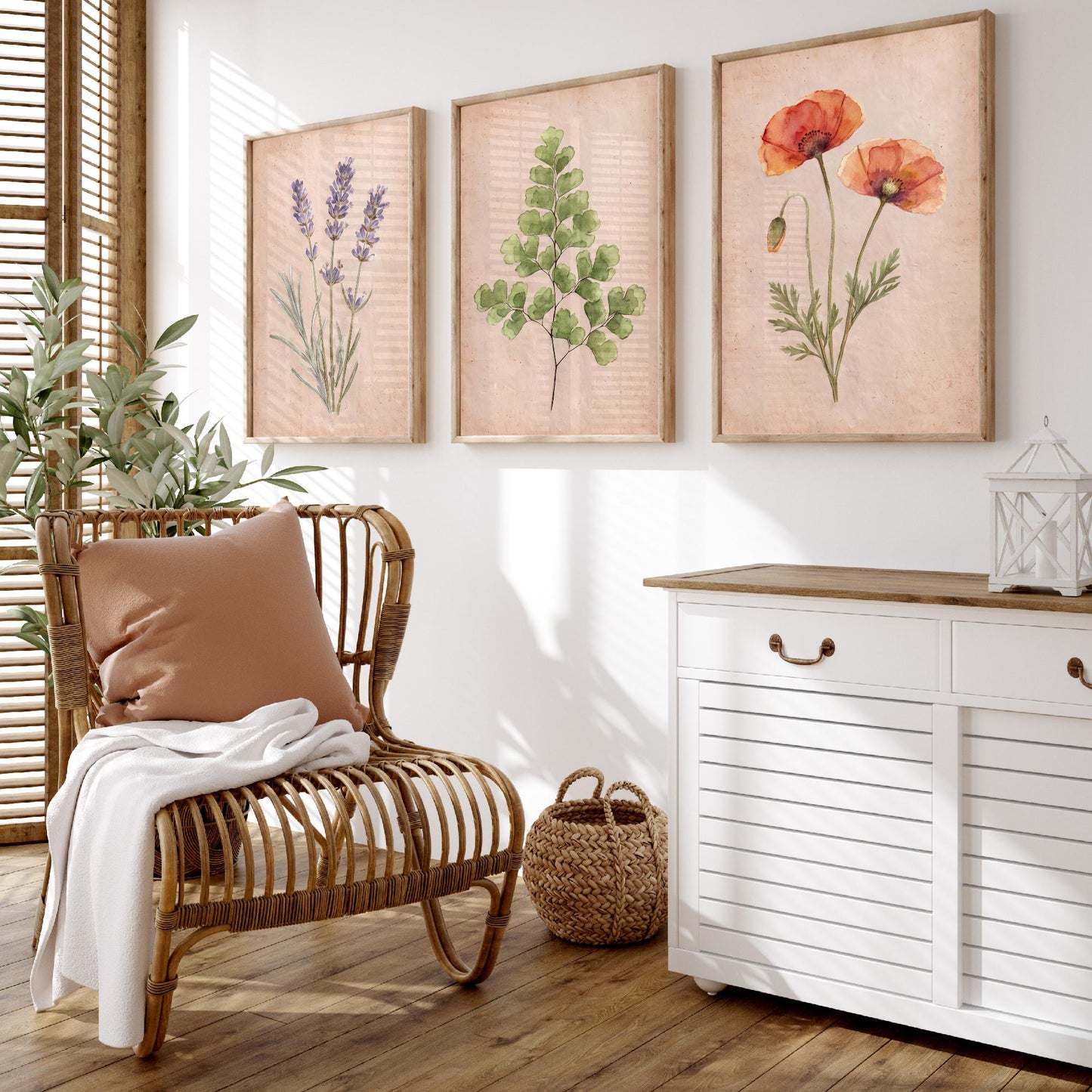 Lavender Maidenhair Fern and Poppy Watercolour Set of Three Art Prints - Soft Botanical Posters - Vintage Pressed Flower Style Painting