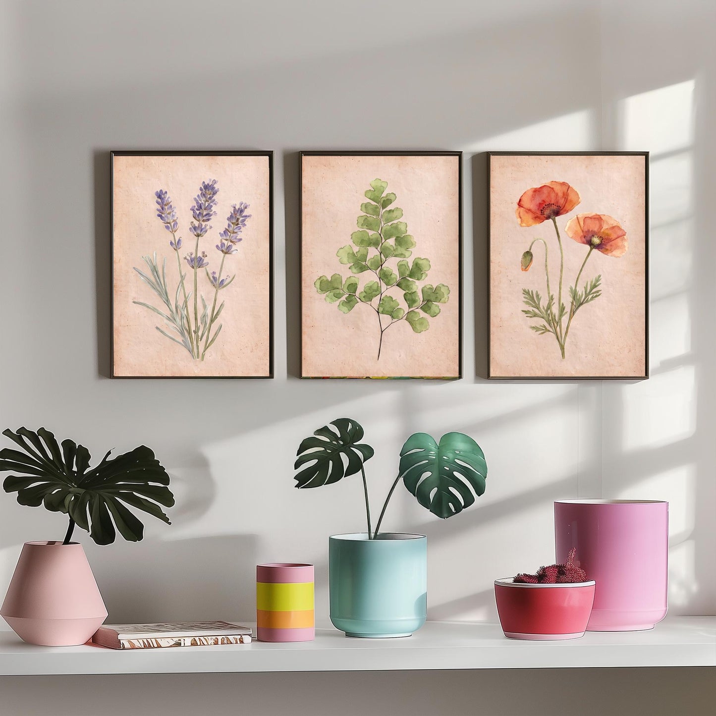 Lavender Maidenhair Fern and Poppy Watercolour Set of Three Art Prints - Soft Botanical Posters - Vintage Pressed Flower Style Painting