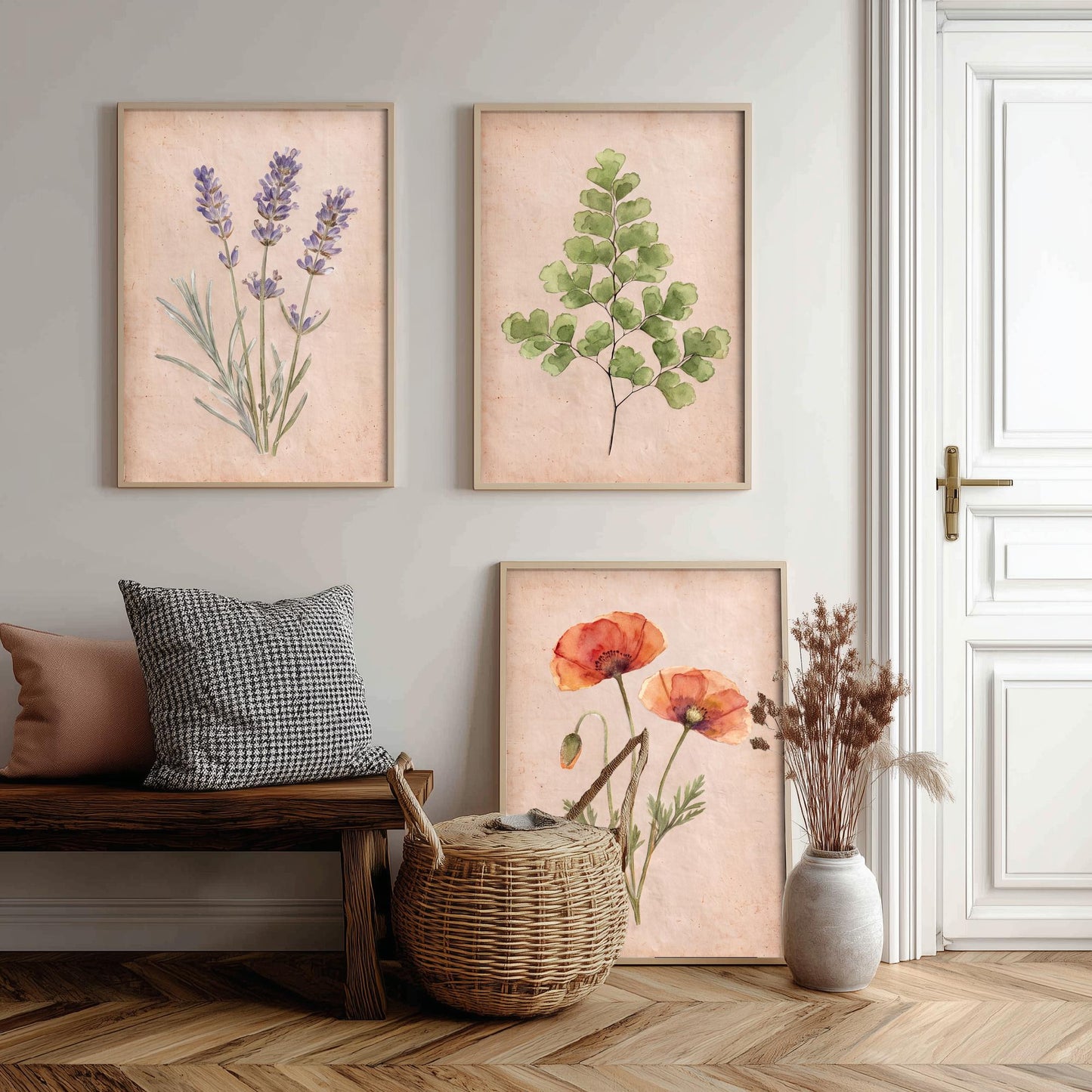 Lavender Maidenhair Fern and Poppy Watercolour Set of Three Art Prints - Soft Botanical Posters - Vintage Pressed Flower Style Painting