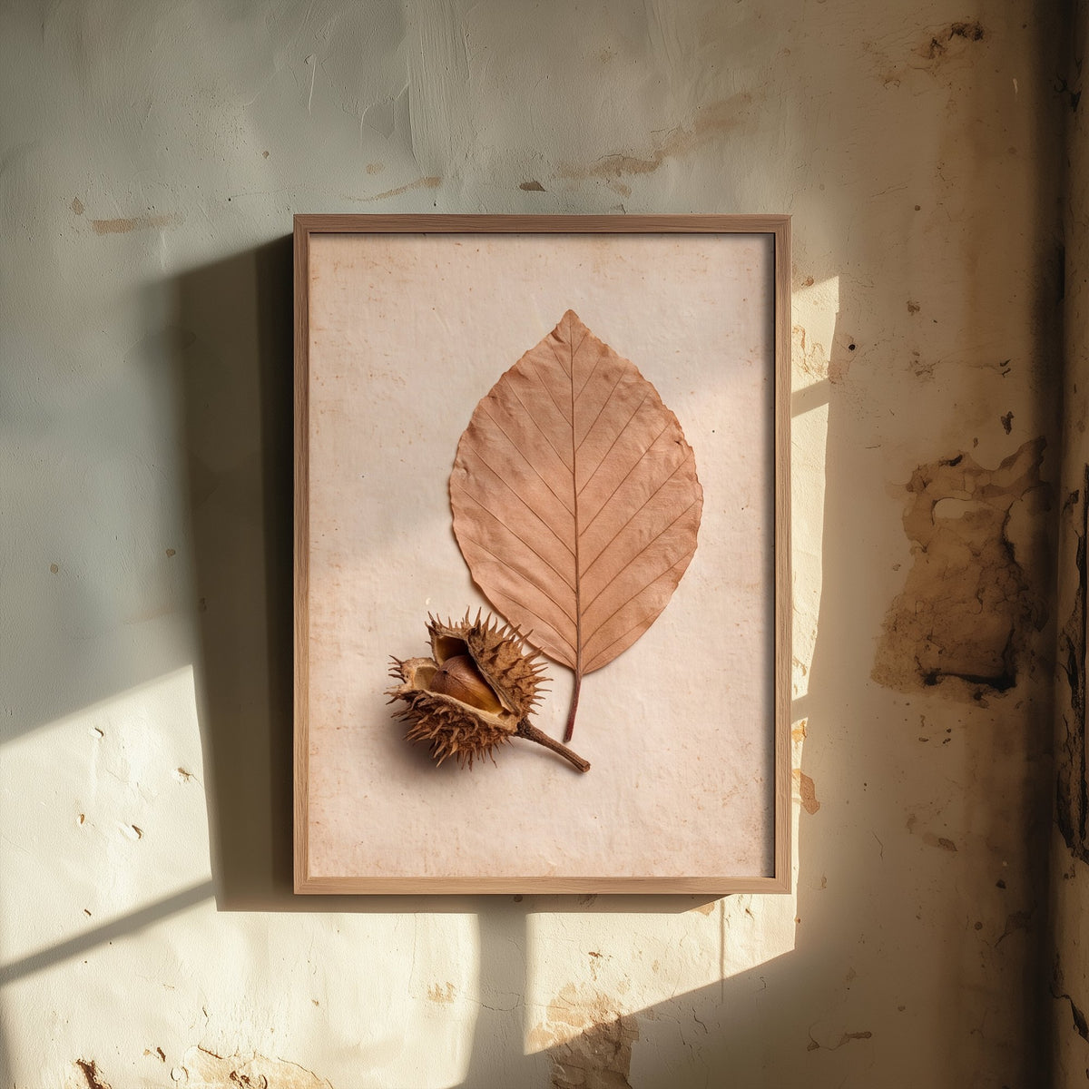 Beech Leaf Art Print - New Forest Pressed Autumn Leaf and Beech Nut Photo - Vintage Herbarium Poster - Rustic Botanical 1/3