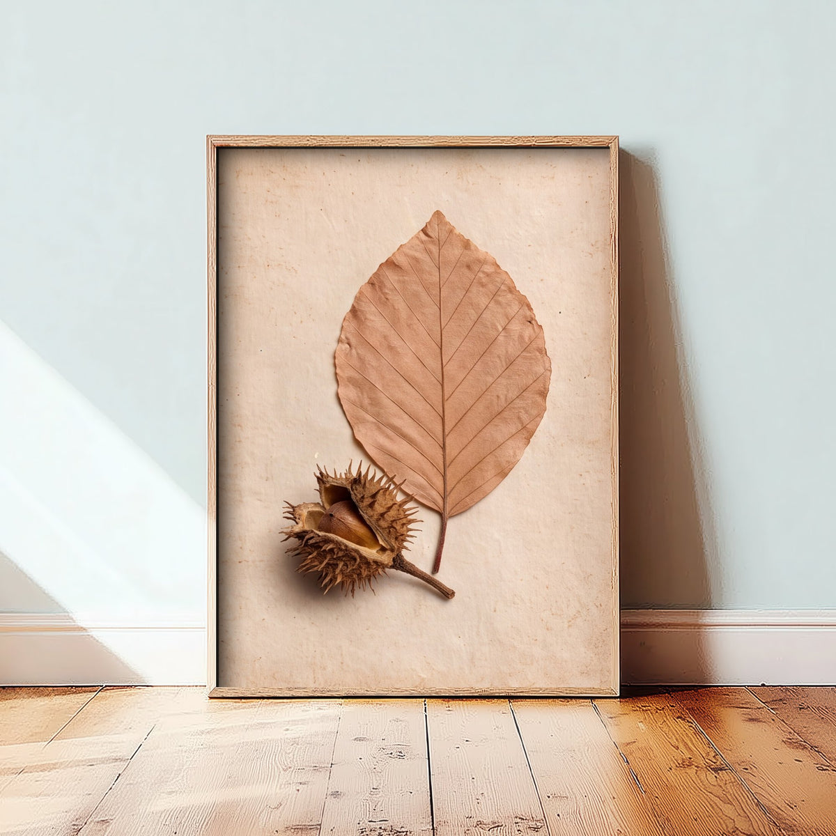 Beech Leaf Art Print - New Forest Pressed Autumn Leaf and Beech Nut Photo - Vintage Herbarium Poster - Rustic Botanical 1/3