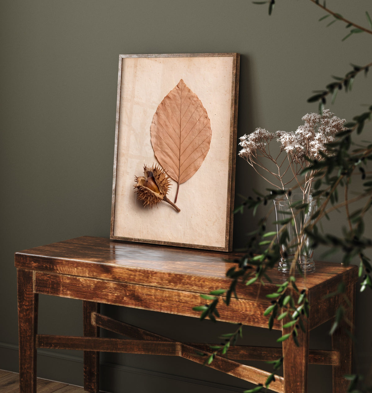 Beech Leaf Art Print - New Forest Pressed Autumn Leaf and Beech Nut Photo - Vintage Herbarium Poster - Rustic Botanical 1/3