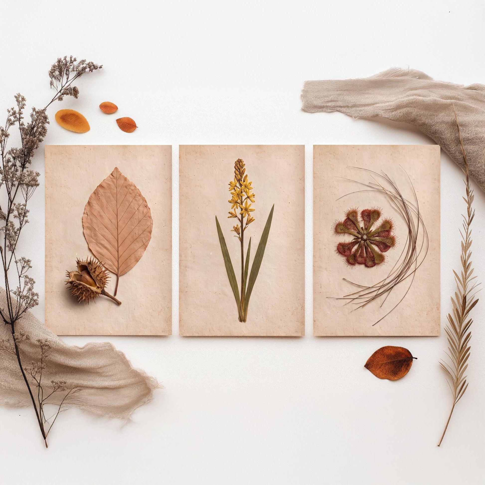 New Forest Set of Three Art Prints - Pressed Beech Leaf, Bog Asphodel, Sundew - Heathland Herbarium Photo Posters - Wild Botanical Decor