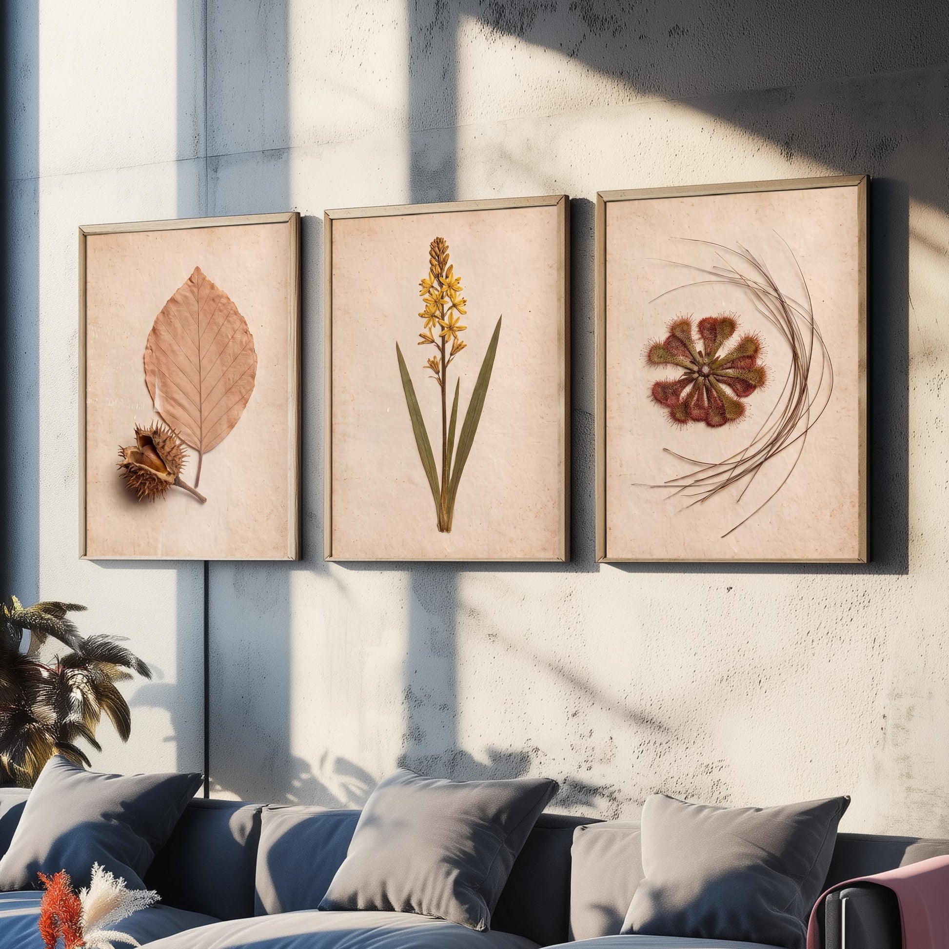 New Forest Set of Three Art Prints - Pressed Beech Leaf, Bog Asphodel, Sundew - Heathland Herbarium Photo Posters - Wild Botanical Decor