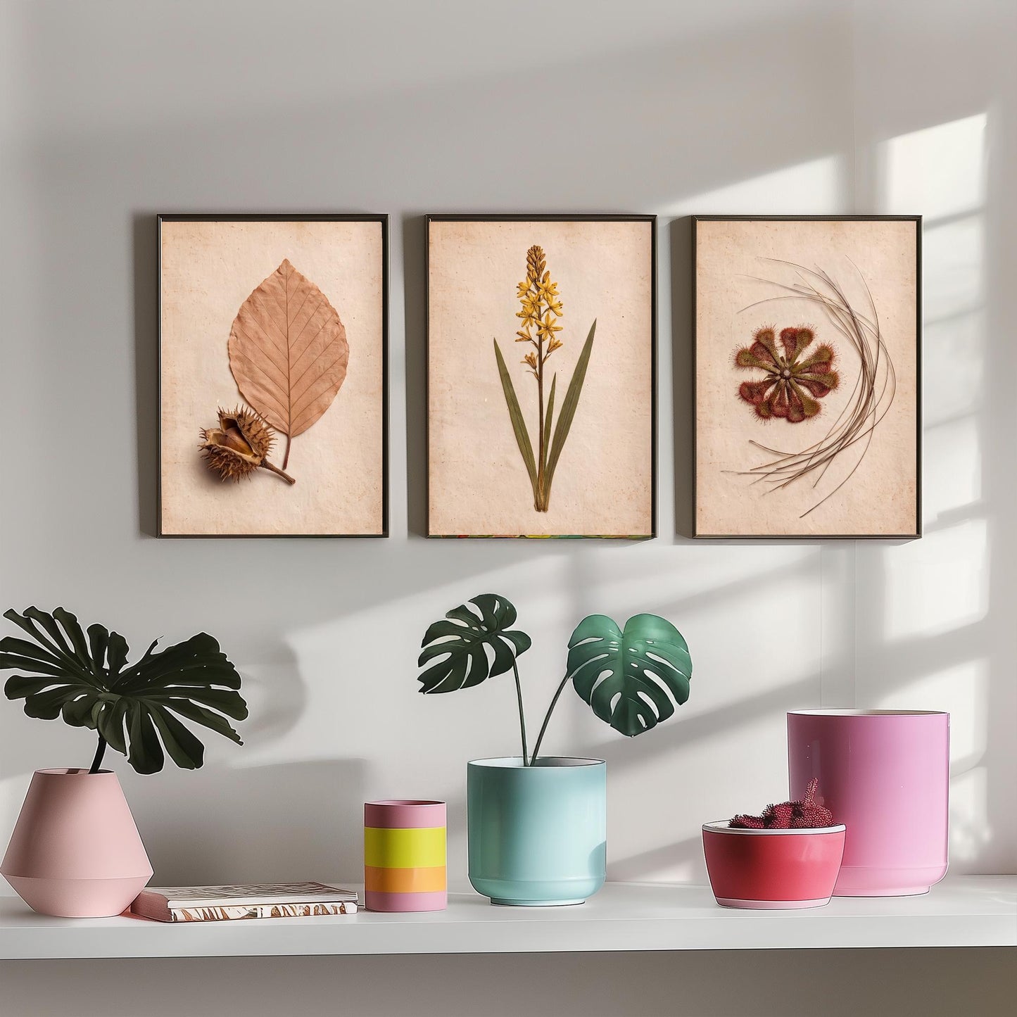 New Forest Set of Three Art Prints - Pressed Beech Leaf, Bog Asphodel, Sundew - Heathland Herbarium Photo Posters - Wild Botanical Decor