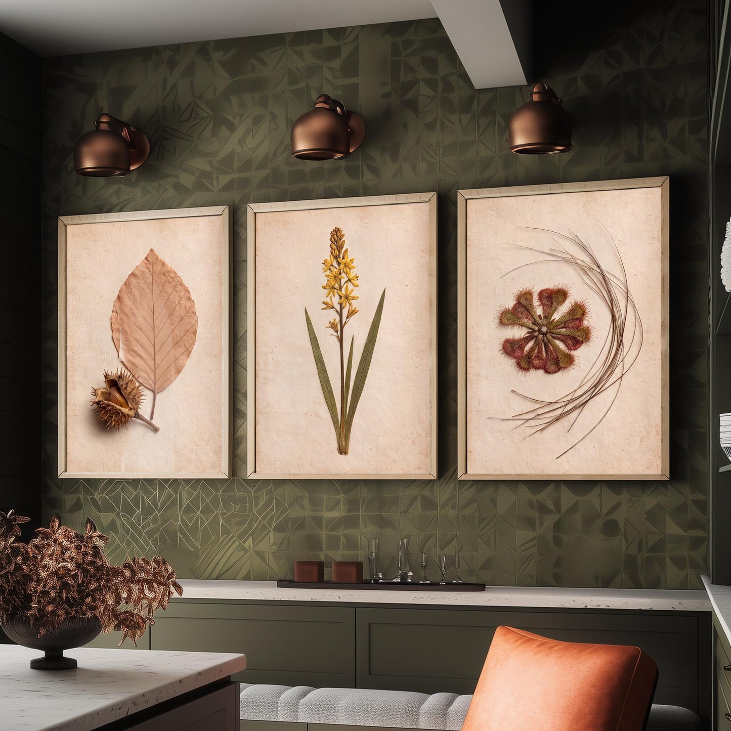 New Forest Set of Three Art Prints - Pressed Beech Leaf, Bog Asphodel, Sundew - Heathland Herbarium Photo Posters - Wild Botanical Decor