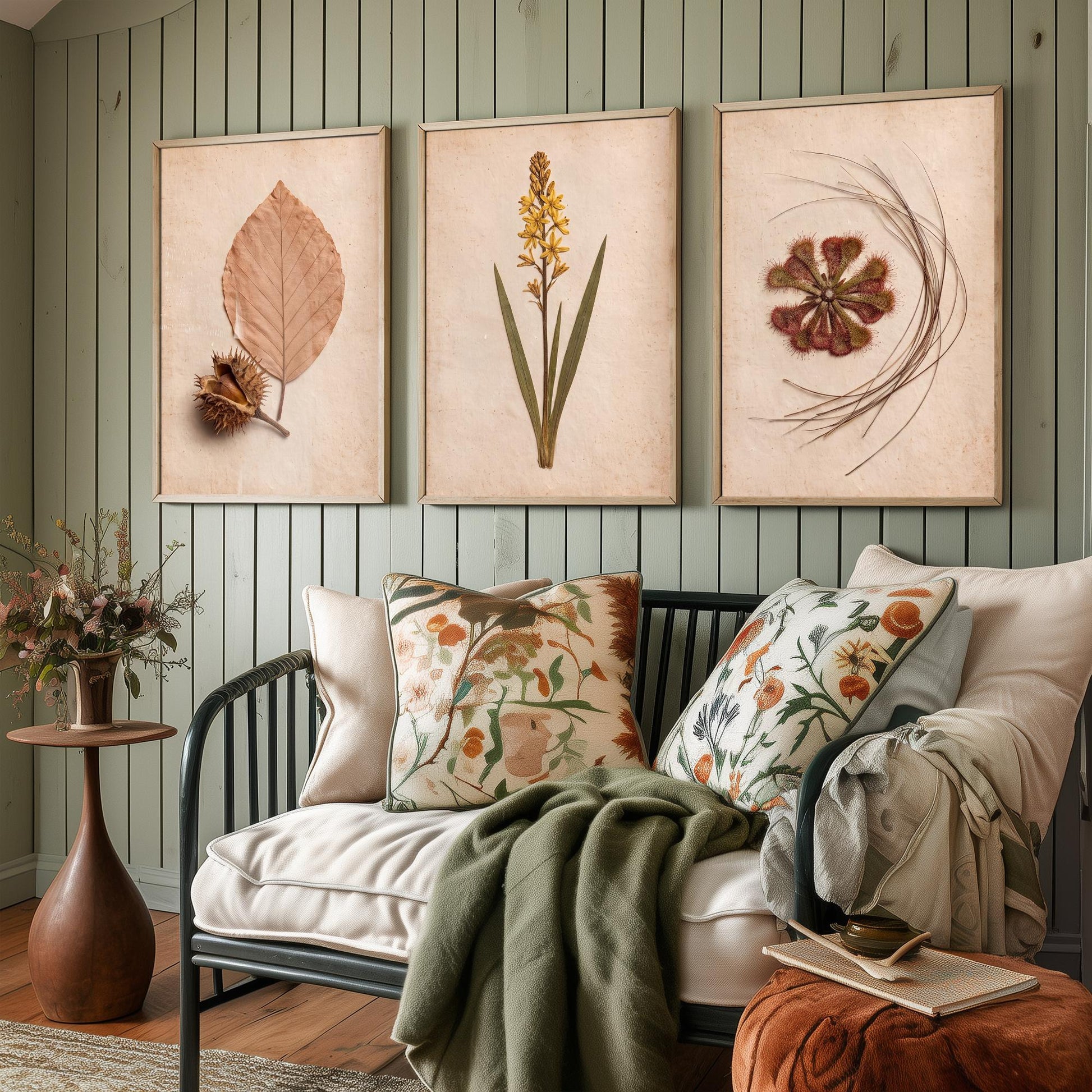New Forest Set of Three Art Prints - Pressed Beech Leaf, Bog Asphodel, Sundew - Heathland Herbarium Photo Posters - Wild Botanical Decor