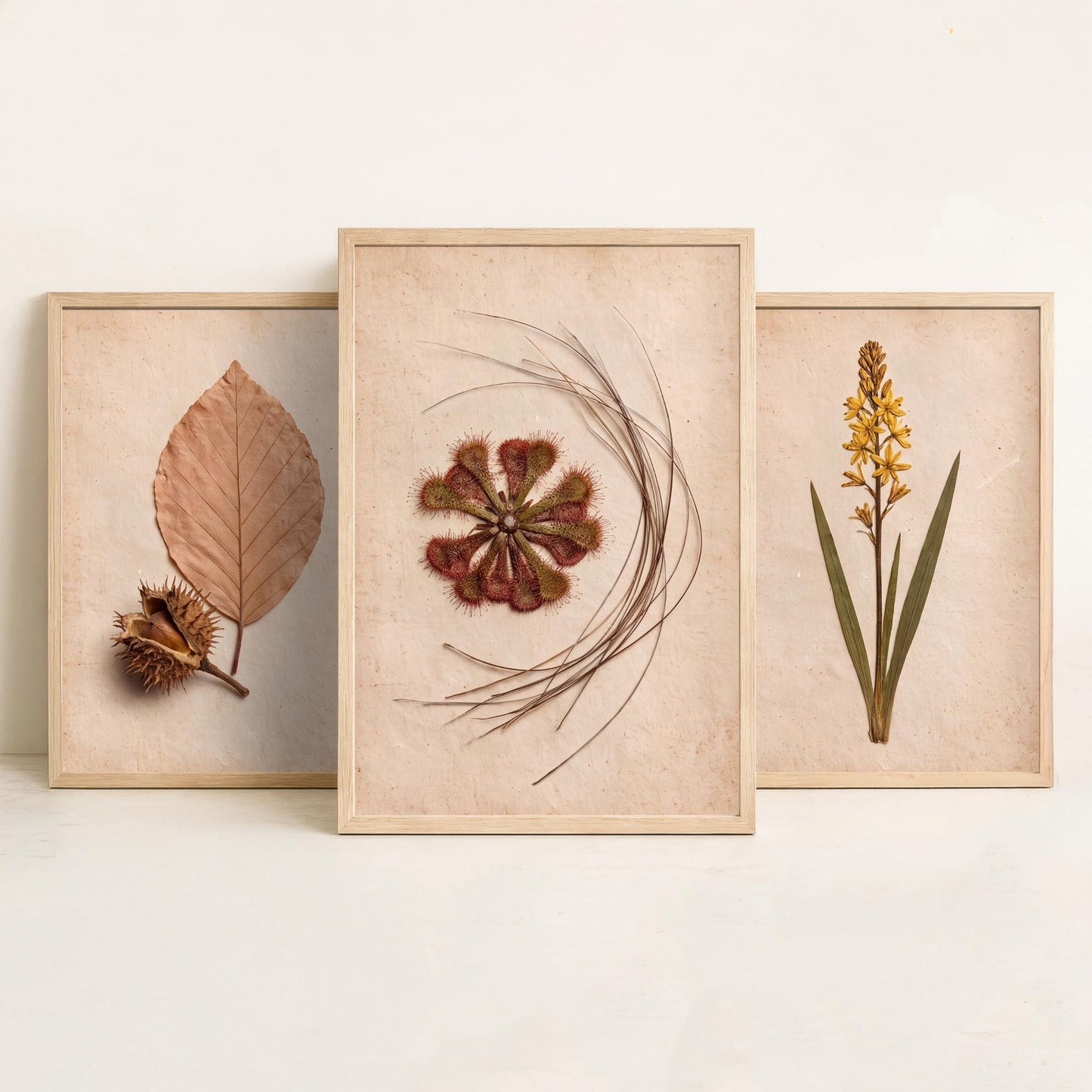New Forest Set of Three Art Prints - Pressed Beech Leaf, Bog Asphodel, Sundew - Heathland Herbarium Photo Posters - Wild Botanical Decor
