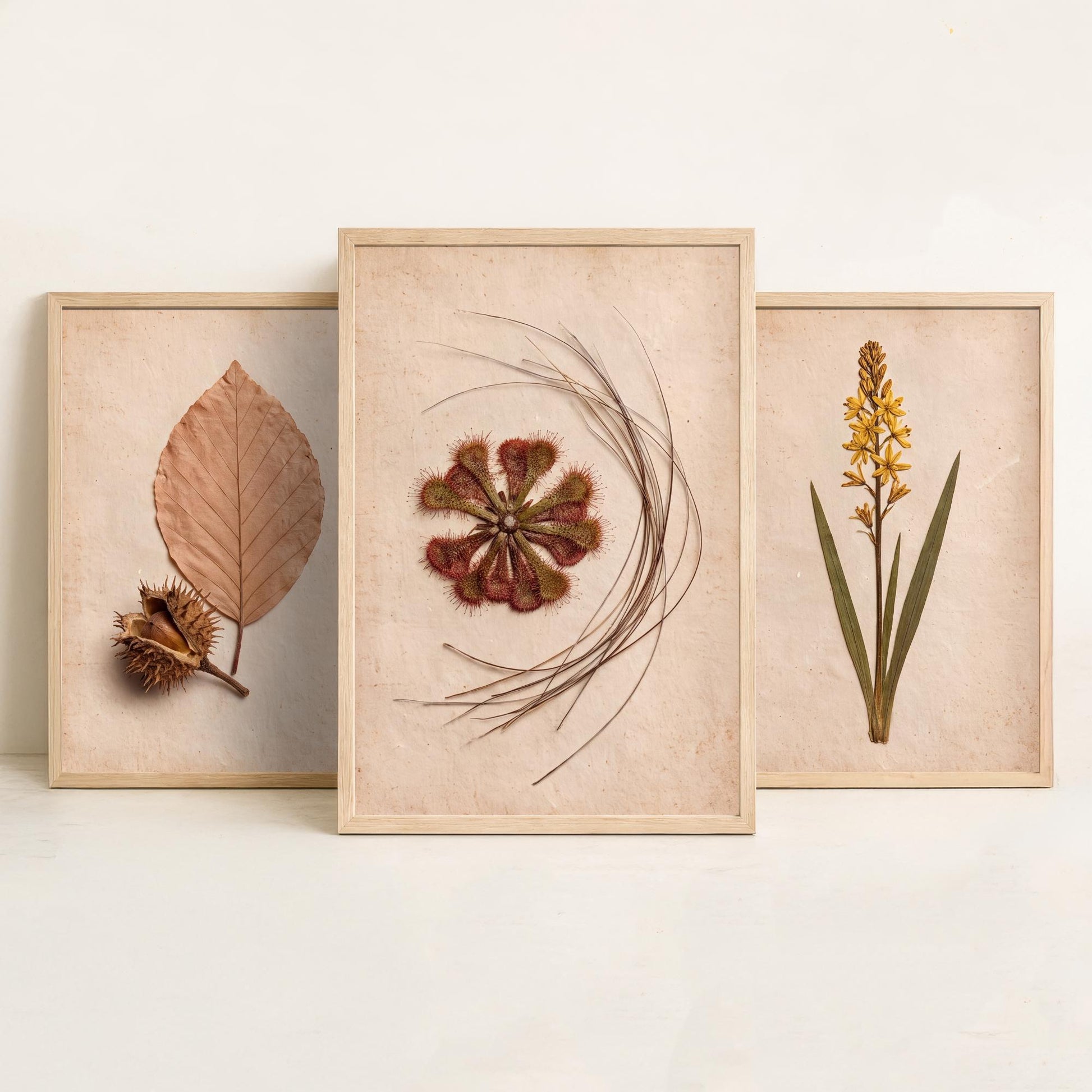 New Forest Set of Three Art Prints - Pressed Beech Leaf, Bog Asphodel, Sundew - Heathland Herbarium Photo Posters - Wild Botanical Decor