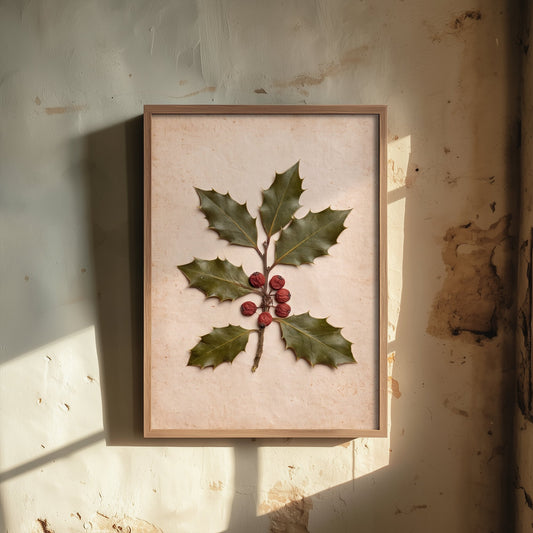 Holly Art Print - New Forest Pressed Holly Leaf and Berry Photo - Vintage Herbarium Poster - Winter Woodland Botanical 3/3
